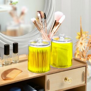 Yellow Qtip Holder Organizer Dispenser Cotton Swabs Cans Plastic Jars with Lid Set 4 Pack Bathroom Storage Canister for Cotton Ball Floss Cotton Pads