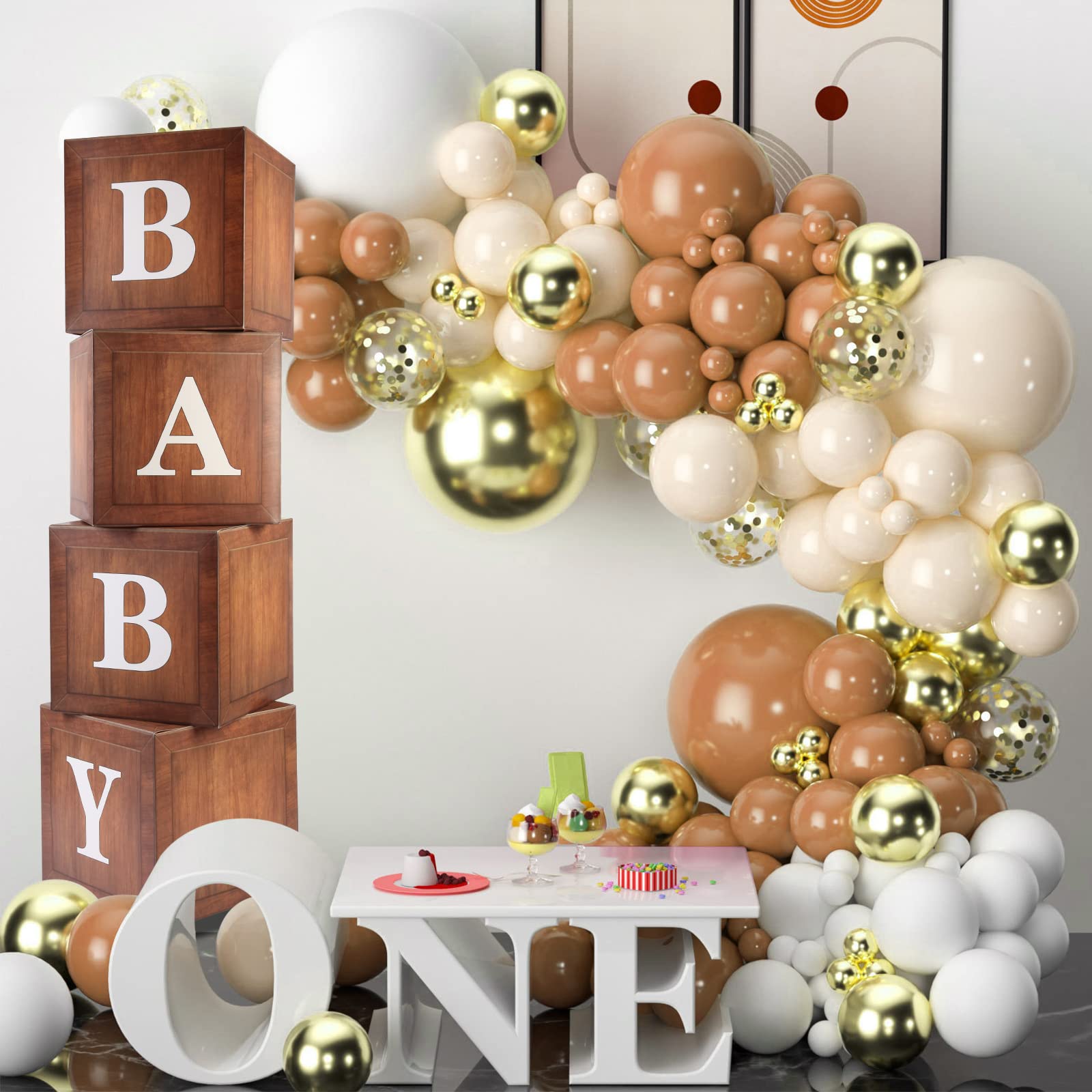 Wood Baby Shower Boxes Party Decorations - 4 Wood Grain Brown Blocks with Printed BABY Letters, Gender Reveal Backdrop,Teddy Bear Baby Shower Supplies, First Birthday Centerpiece Decor