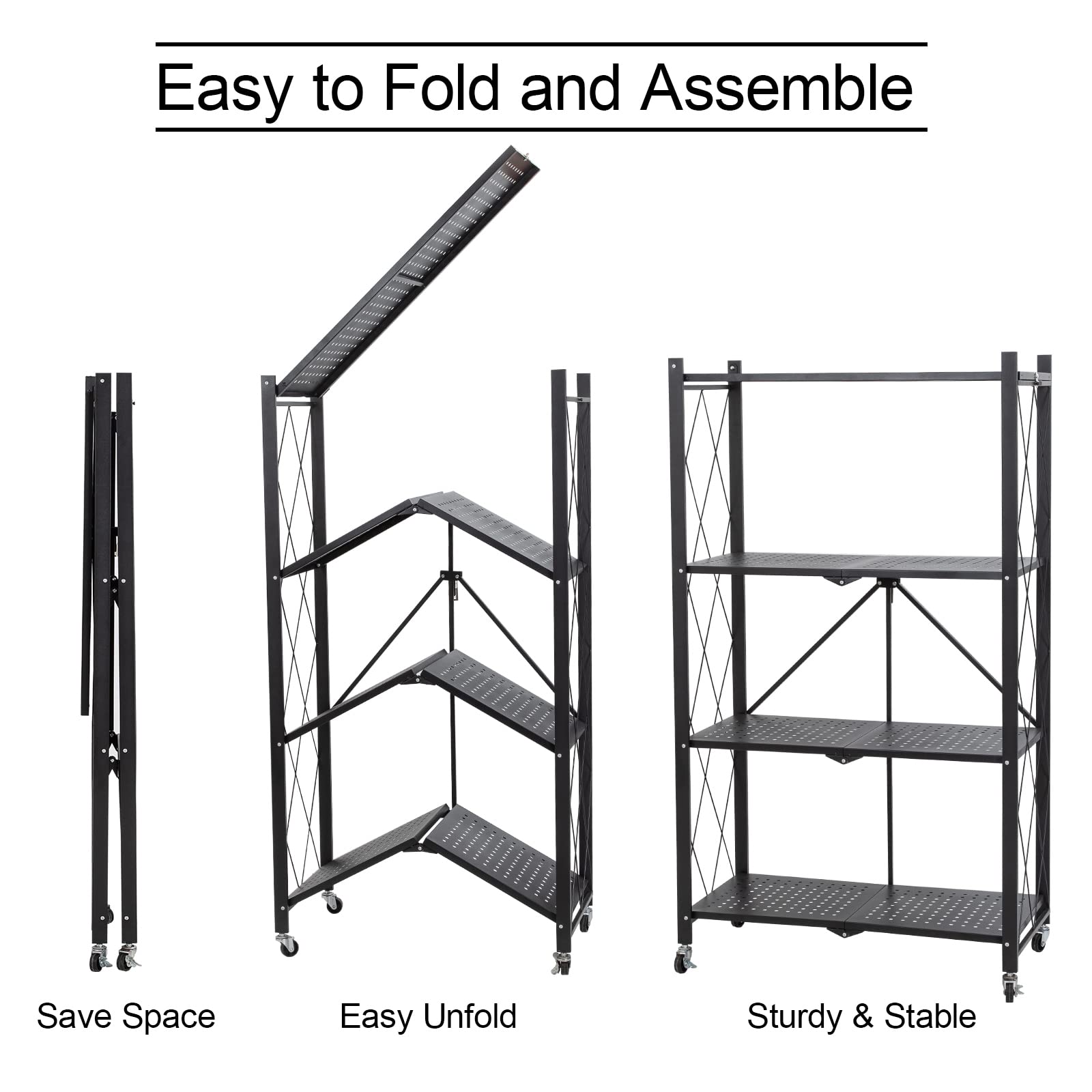 Muichi Folding Shelf 4-Tier, Foldable Shelves with Wheels, Heavy Duty Shelving Unit, Sturdy Metal Shelf Storage Organizer Rack for Kitchen, Garage, Home, Office, Garden (White)