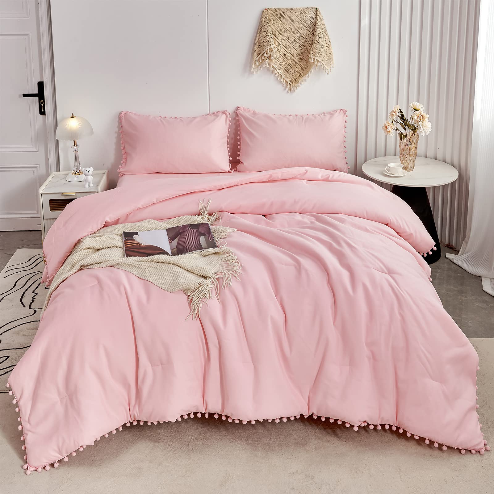 PERFEMET 5 Pcs Pink Pom Pom Comforter Boho Chic Aesthetic Ball Pom Comforter Set Full Size Ultra Soft Lightweight Bedding Set with Sheet for Girls Kids(Pink, Full)