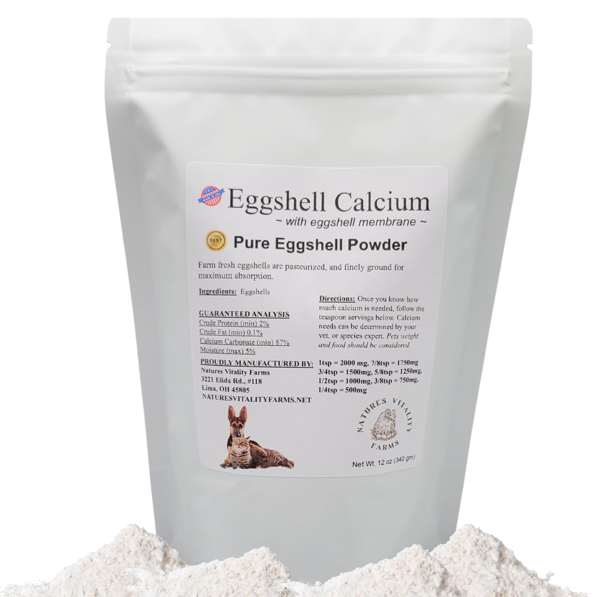 12 oz Pure U.S.A. Eggshell Powder for Dogs/Cats, Calcium Supplement with Membrane, Finely Ground Egg Shells