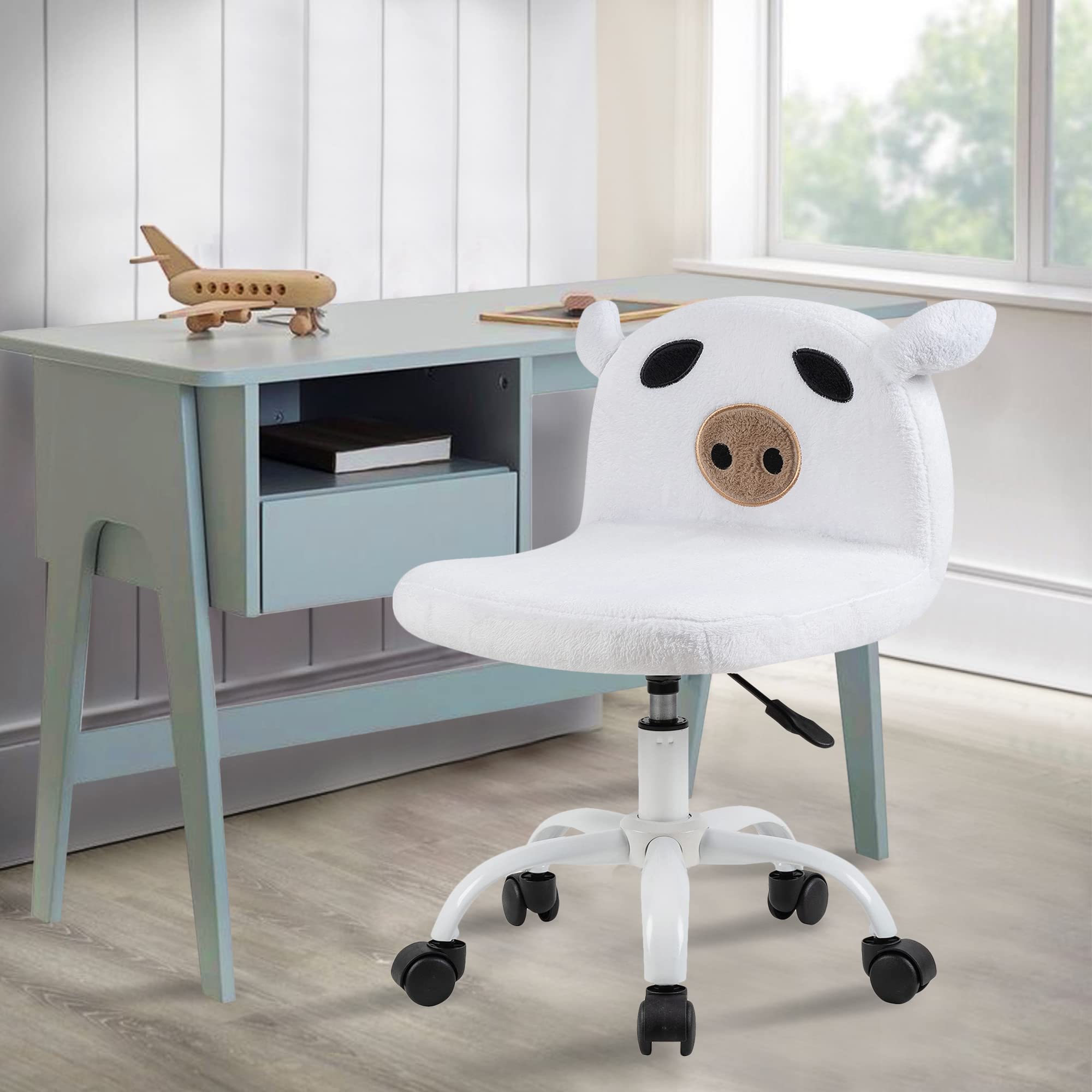 GIA Faux Fur Fuzzy Kids Desk Adjustable and Swivel Rolling Chair, White Piggy Shape