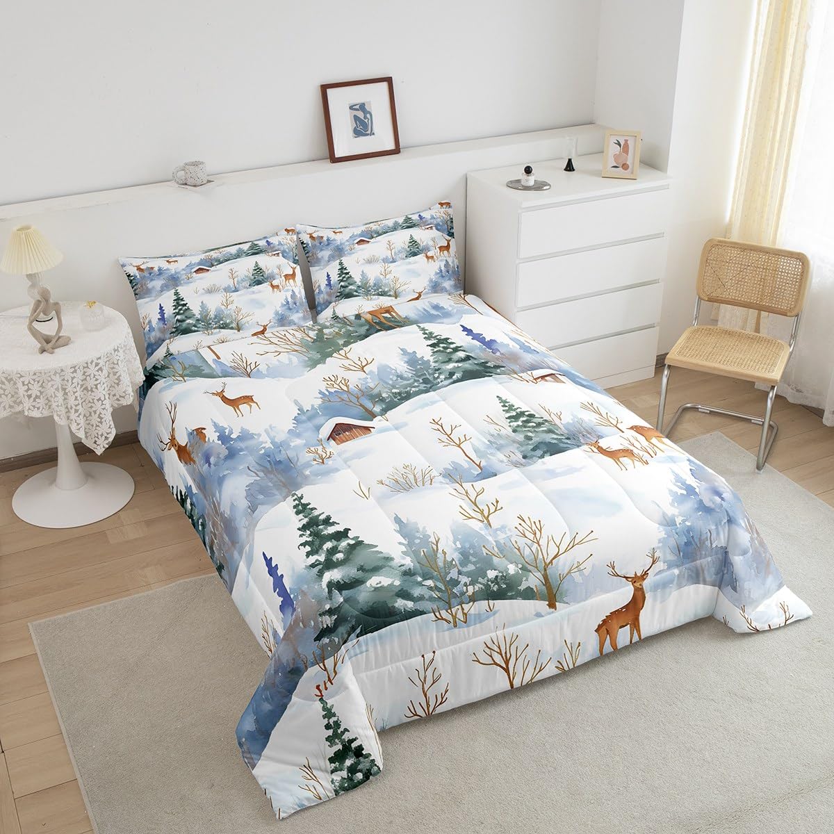 Homewish Winter Deer Comforter Set Queen Size,Christmas Snow Pine Quilt Set 3pcs,Kids Boys Girls Adults Room Decor,Wild Animals Plants Bedding Set New Year Gifts Duvet Insert,2 Pillowcases