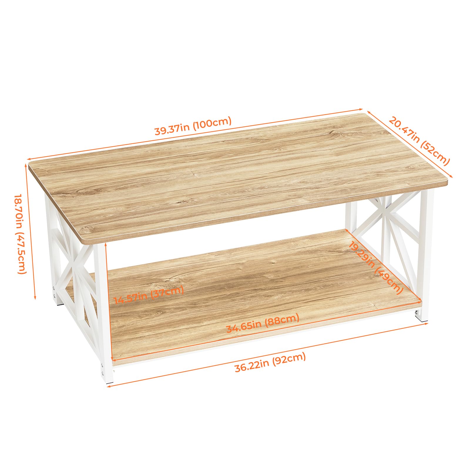 GreenForest Coffee Table with Round Corner, Farmhouse Center Table with 2-Tier Storage Shelf X-Frame Design for Living Room, 39 inch Oak