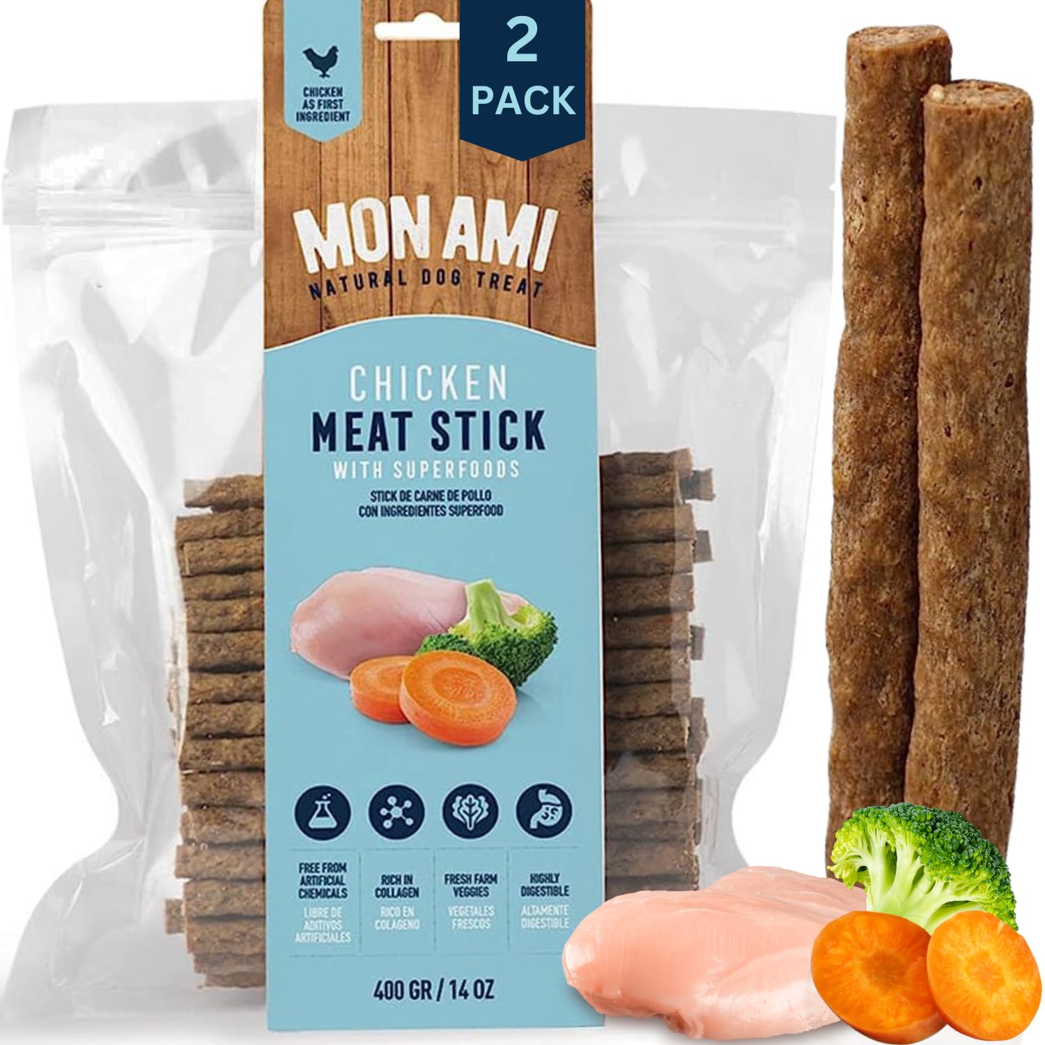 Mon Ami Chicken Meat Sticks for Dogs with Farm Fresh Vegetables (28 Oz) – Human Grade Dog Treats with Superfoods - Training Treats for Dogs - Healthy Dog Treats for Small, Medium and Large Dogs