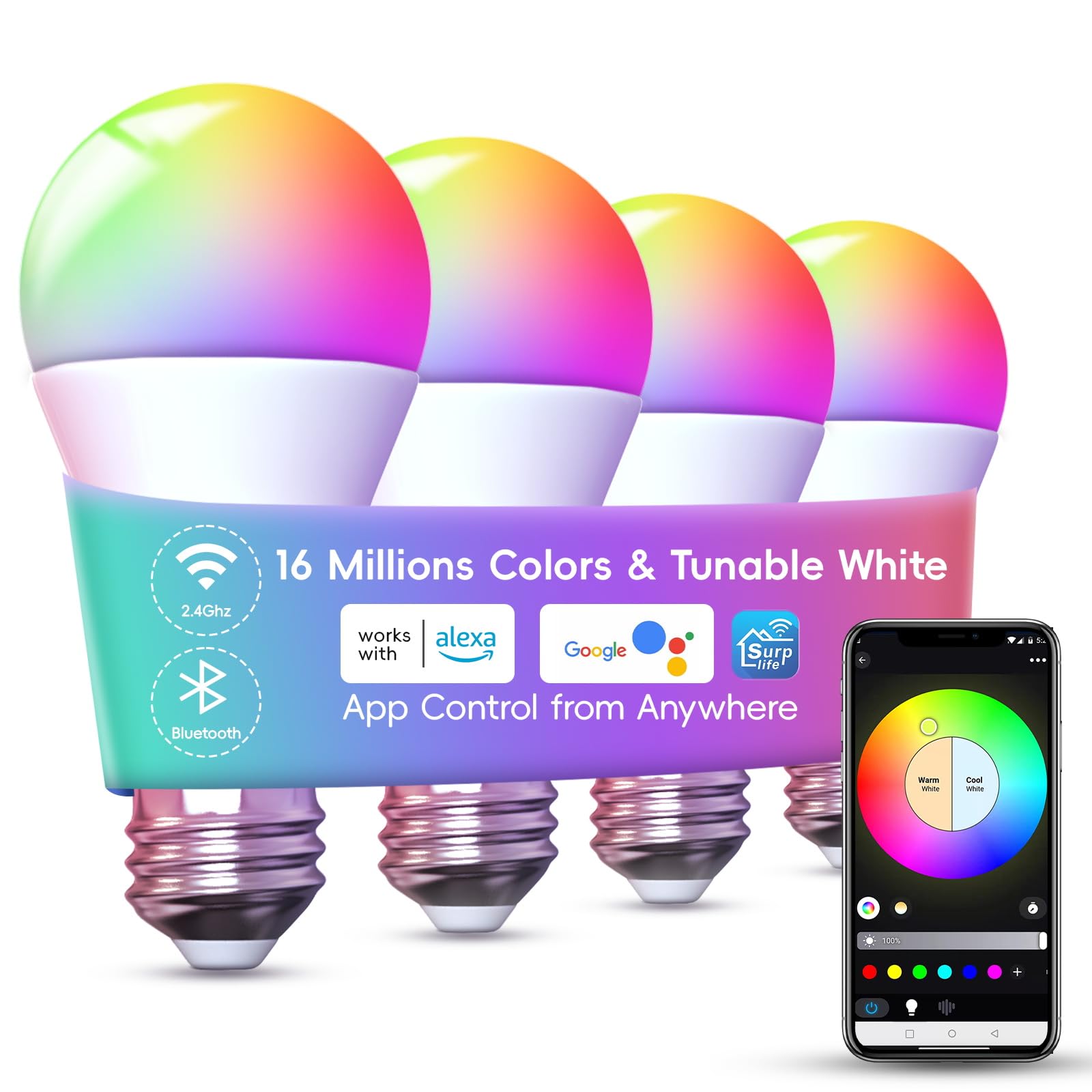 Dawwee Color Changing Light Bulb App Control, 2.4Ghz WiFi and Bluetooth Smart Light Bulbs Music Sync, Magic RGB Light Bulb Compatible with Alexa Google, E26 LED Light Bulb, 4 Pack