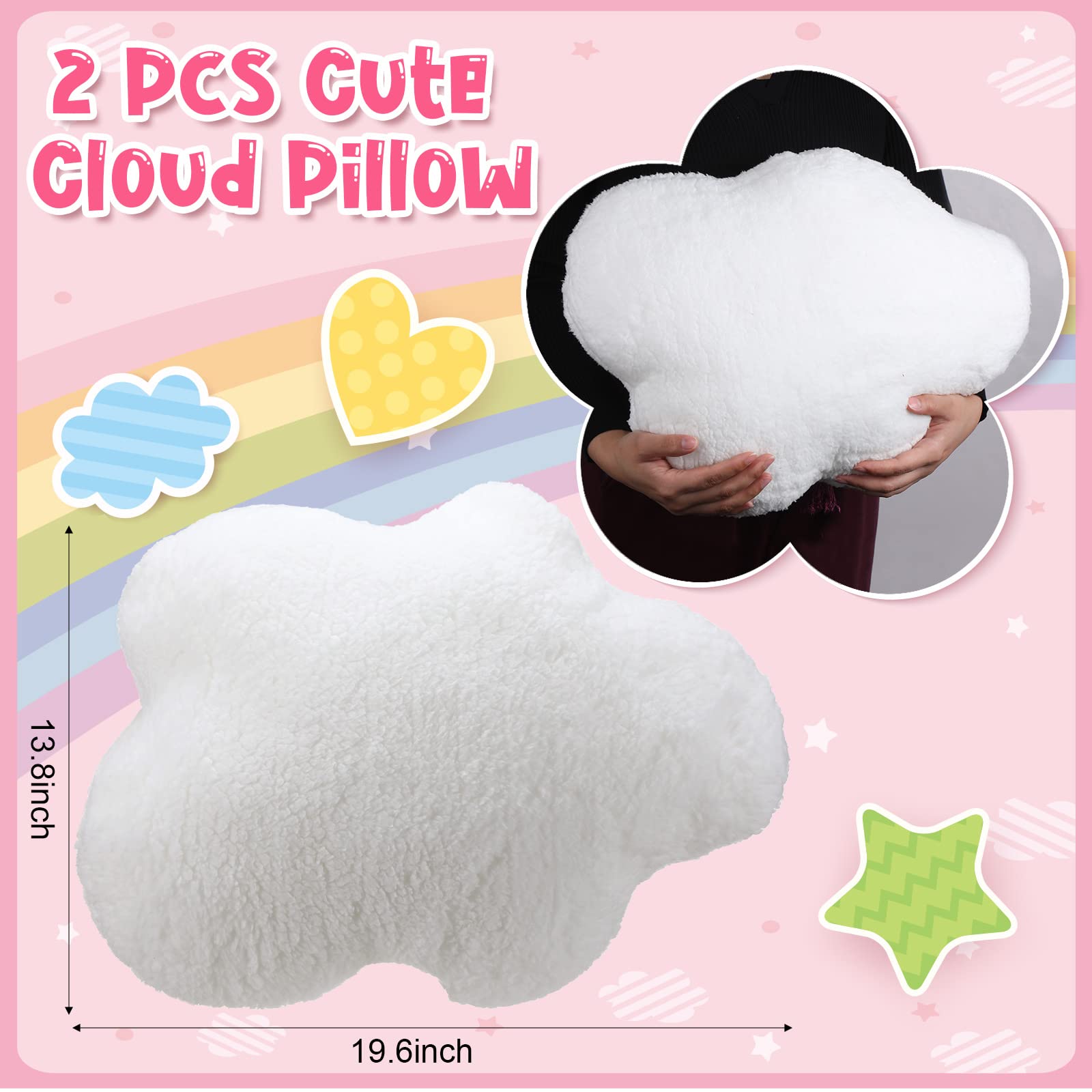 Namalu 20 Inch Cloud Shaped Stuffed Throw Pillows Lovely Pillows Cute Aesthetic Soft Waist Rest Cushion for Girls Bedroom Office Car Chair Home Decoration (White, 2 Pcs)