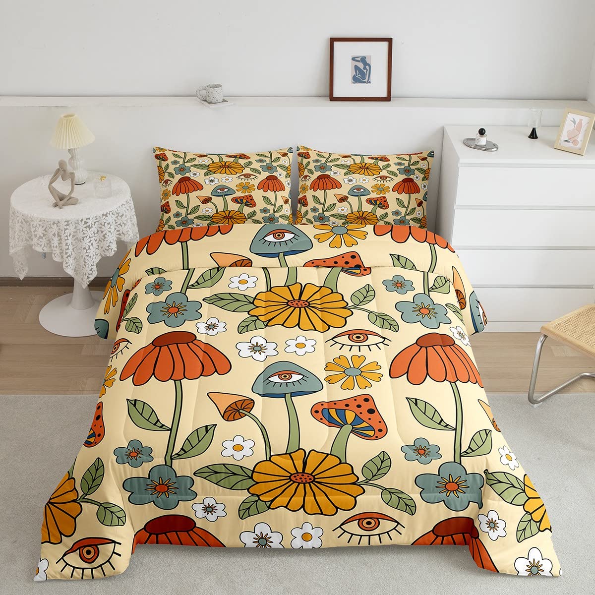 Castle Fairy Retro Flowers Comforter Set Twin Size,70s Floral Mushroom Quilt Set for Kids Boys Bedroom Collection,Art Hippie Plant Eye Print Polyester Bedding with 1 Pillowcase,2Pcs