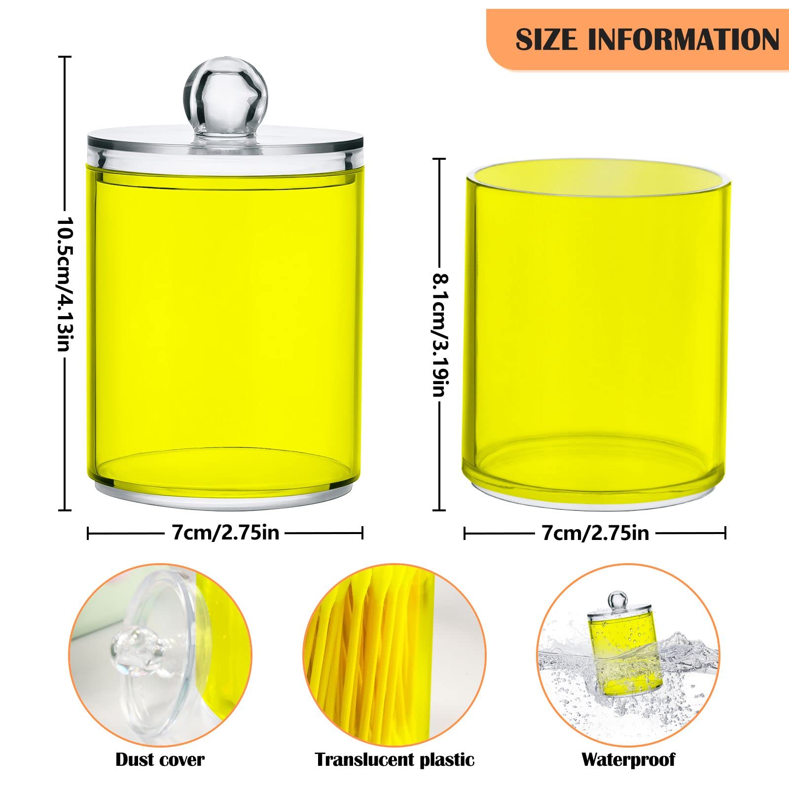 Yellow Qtip Holder Organizer Dispenser Cotton Swabs Cans Plastic Jars with Lid Set 4 Pack Bathroom Storage Canister for Cotton Ball Floss Cotton Pads