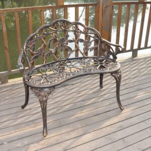 Patio Park Garden Outdoor Metal Rose Bench,Cast Iron Cast Aluminium Frame Antique Finish Chair,Accented Lawn Front Porch Path Yard Decor Deck Furniture for 2 Person Seat,Bronze