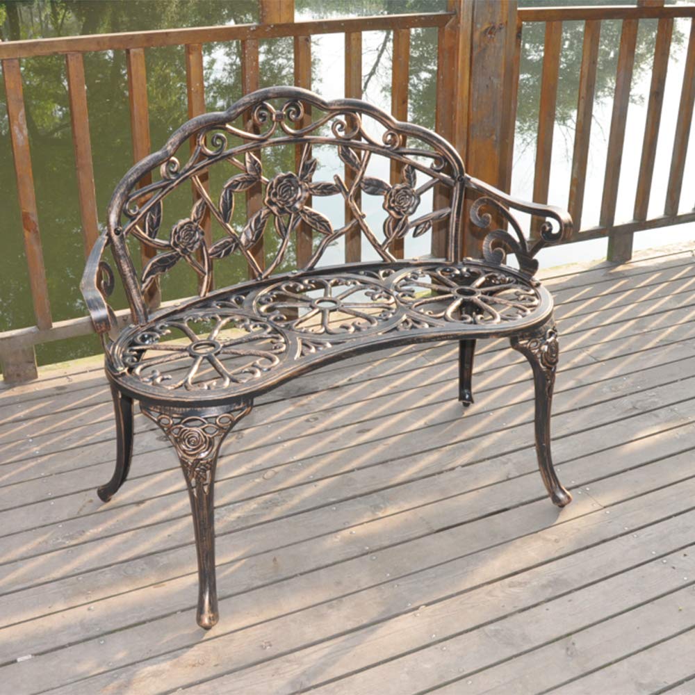 Patio Park Garden Outdoor Metal Rose Bench,Cast Iron Cast Aluminium Frame Antique Finish Chair,Accented Lawn Front Porch Path Yard Decor Deck Furniture for 2 Person Seat,Bronze