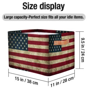 Storage Basket American USA Flag, Large Foldable Organizer Storage Bins for Shelves, Sturdy Canvas Cubes Storage Boxes with Handles for Toys Closet Nursery Office Living Room 15" x 11" x 9.5"