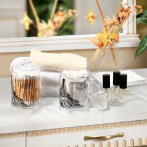 WELLDAY Apothecary Jars Bathroom Storage Organizer with Lid - 14 oz Qtip Holder Storage Canister, Paris Eiffel Tower Clear Plastic Jar for Cotton Swab, Cotton Ball, Floss Picks