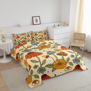 Castle Fairy Retro Flowers Comforter Set Twin Size,70s Floral Mushroom Quilt Set for Kids Boys Bedroom Collection,Art Hippie Plant Eye Print Polyester Bedding with 1 Pillowcase,2Pcs