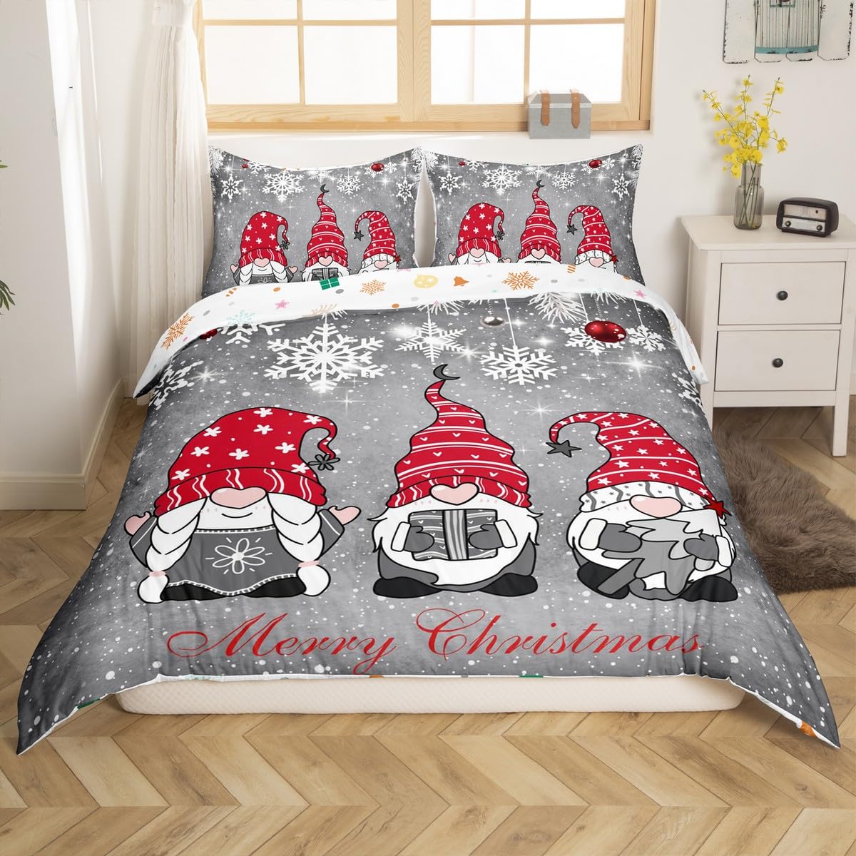 Christmas Gnomes Duvet Cover, Xmas Theme Comforter Cover For Kids Boys Girls Teens Adult, Santa Claus Snowflake Bell Bedding Set Merry Christmas Bedspread Cover With 2 Pillow Cases, Grey, Queen