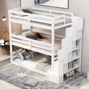 Harper & Bright Designs Wood Triple Bunk Bed with Storage Staircase, Wooden Floor Bunk Beds 3 Beds in 1 for Kids, Detachable Triple Bed Can Convertible into Twin Bunk Beds & Loft Bed, White