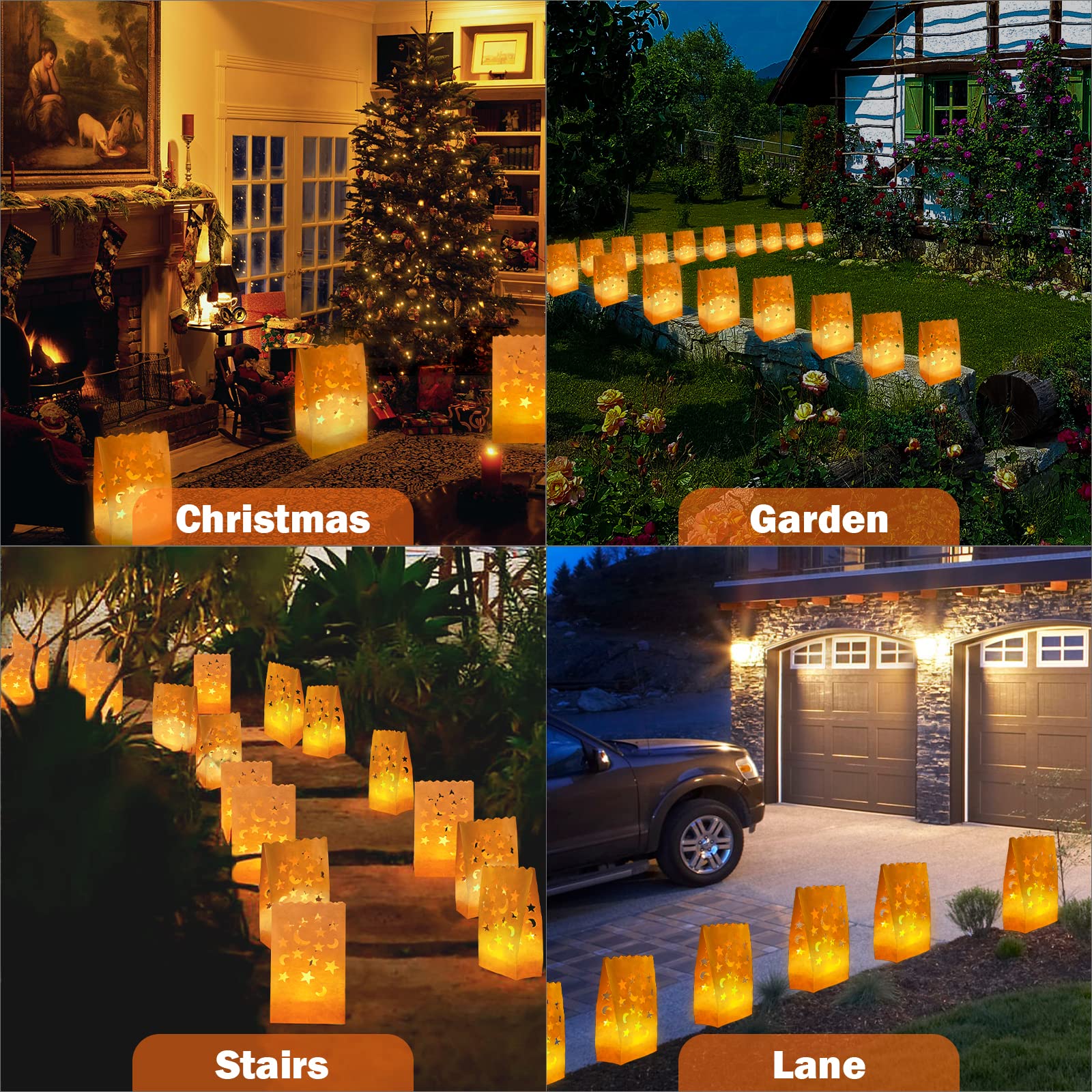 70PCS White Luminary Candle Bags Stars Moon Cutout Flame Resistant Luminaries Bag Christmas Candle Bags Paper Lantern Bags for Halloween Weddings Birthday Party Thanksgiving Valentine's Day Decoration