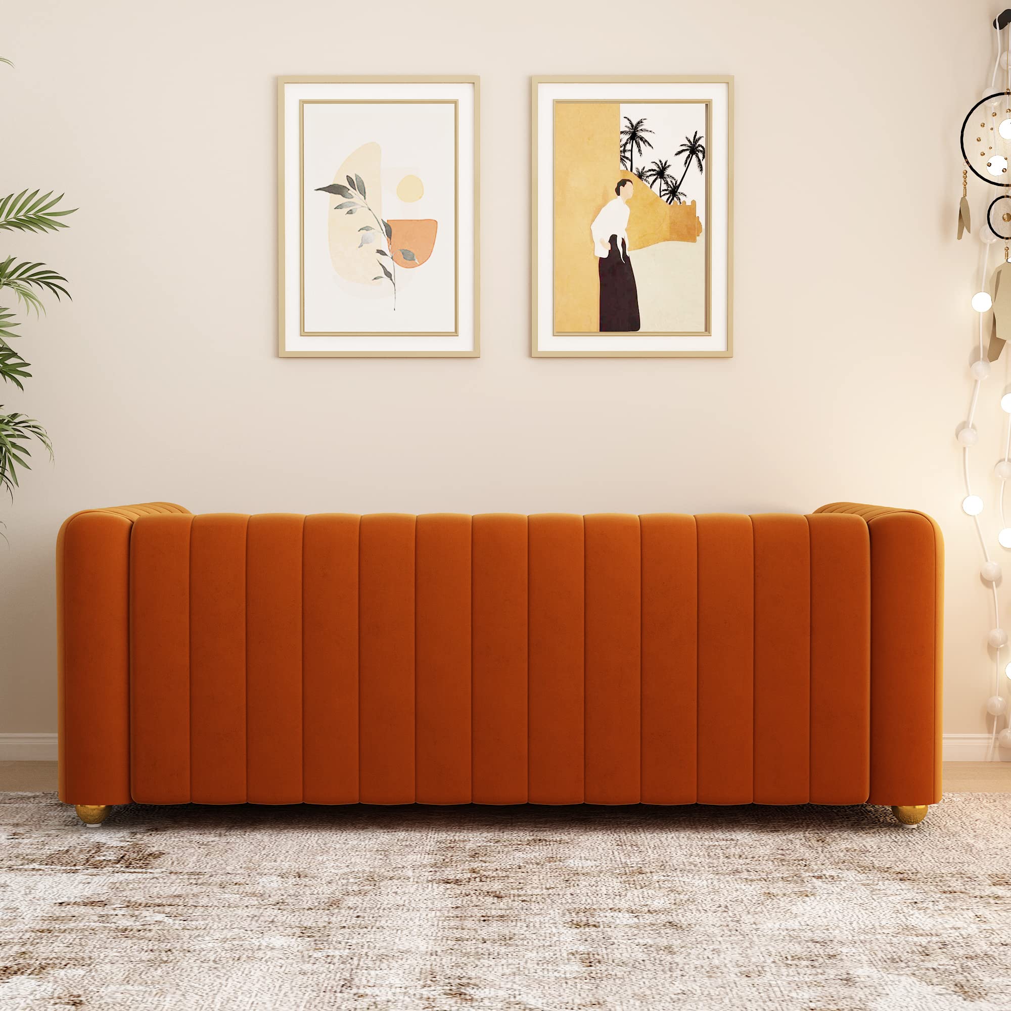 Velvet Couch Sofa Loveseat, 81.3 Wide Mid Century Modern Couch Small Spaces Love Seat Tufted Chesterfield Velvet Sofa Futon with Gold Leg, Comfy 3 Seat Deep Sofas Couches for Living Room (Orange)