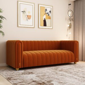 velvet couch sofa loveseat, 81.3 wide mid century modern couch small spaces love seat tufted chesterfield velvet sofa futon with gold leg, comfy 3 seat deep sofas couches for living room (orange)