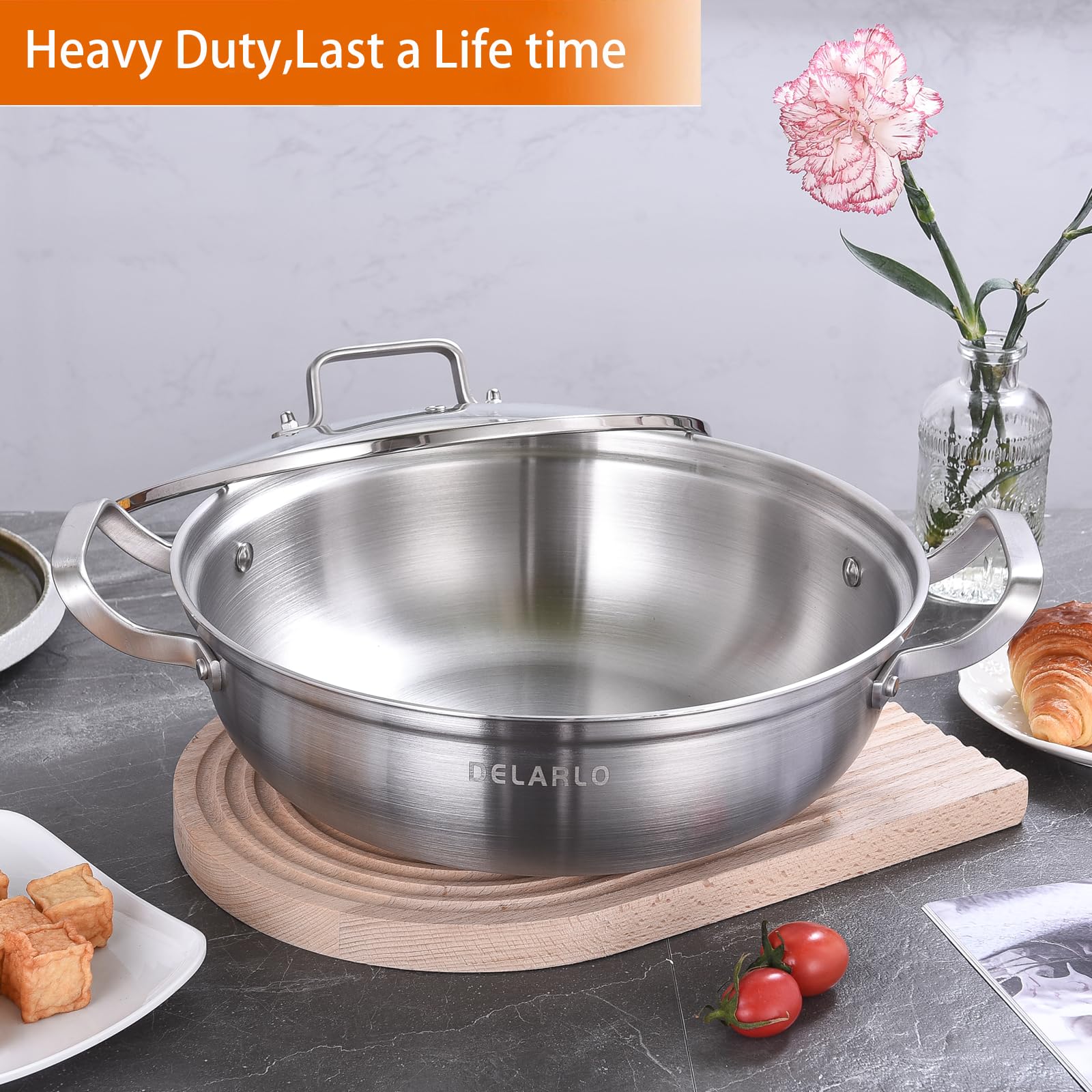 Delarlo Tri-Ply Stainless Steel 11 inch Everyday Pan with Lid, Kitchen Everything Pan, Chef's Pans, Induction Deep Saute Pan, High Side Cooking Pot 3.5QT, Oven Safe Stock Pot, Up to 600℉