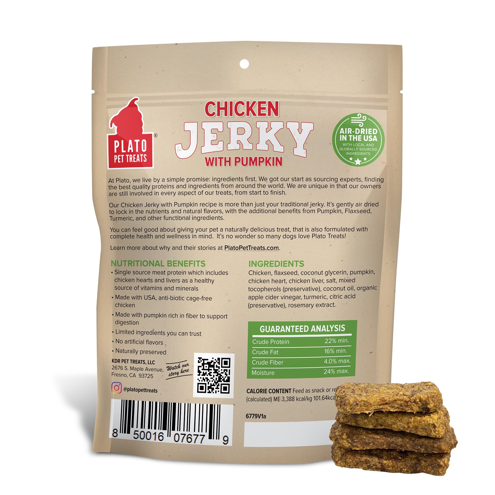 PLATO Pet Treats Air Dried, Real Meat, Chicken Jerky with Pumpkin Dog Treats, Made in The USA, Grain Free, 16oz