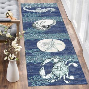 GUBIYU Rustic Coastal Runner Rug Ocean Beach Mat Area Rug Navy Blue Non-Slip Doormat Carpet Printing Rug for Living Room, Bedroom, Kitchen, Bathroom Kitchen Rugs Washable 23.6"x59"