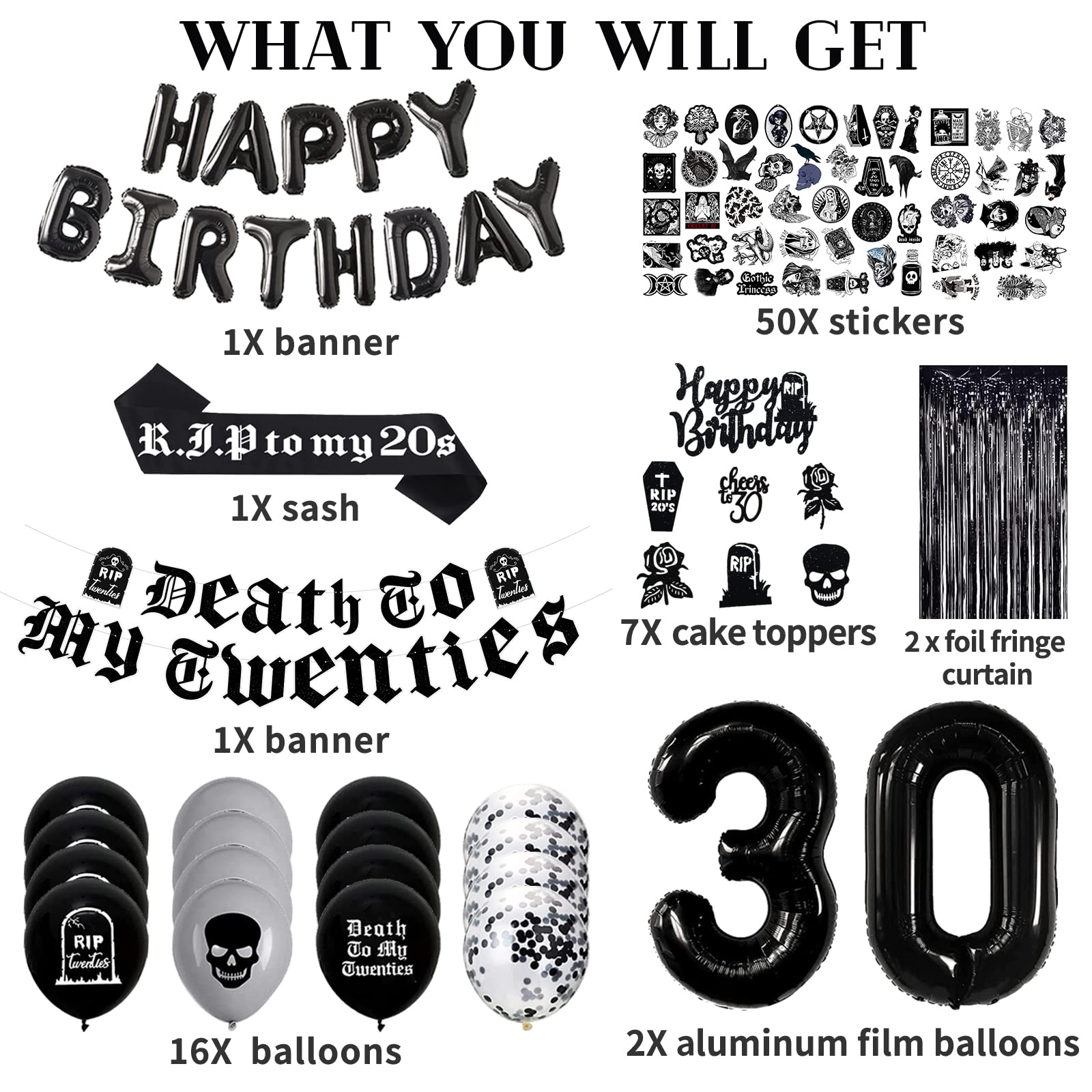 Black 30th Birthday Decorations for Women or Men, Death to My 20s Decorations, Death to My Twenties Banner Number 30 Balloons Rip to My 20s Sash Cake Toppers for Rip 20s Birthday Decorations