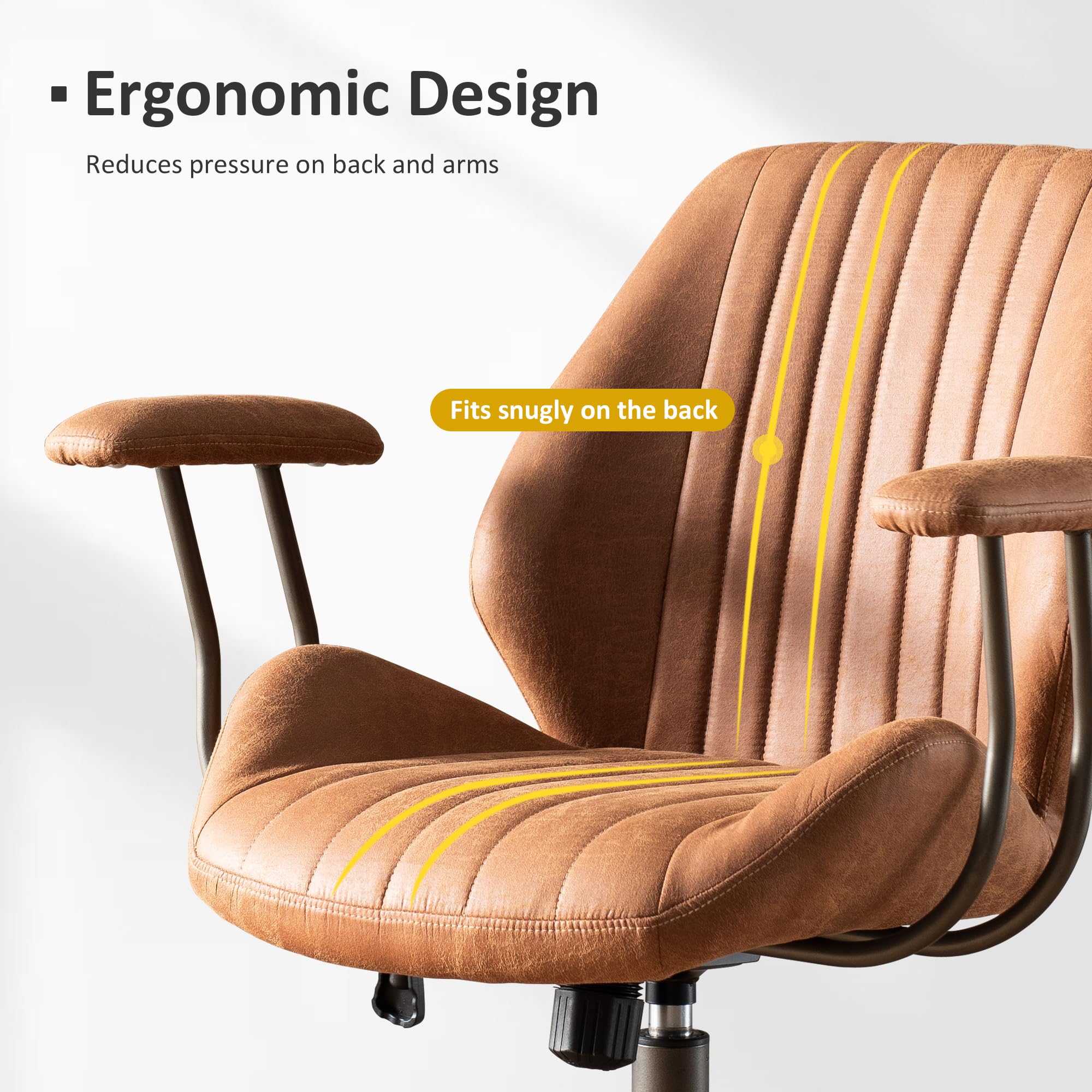 ovios Ergonomic Office Chair, Comfy Leather Chair with Swivel Rolling Wheels, Mid-Century Modern Computer Desk Chair for Home Executive, Brown