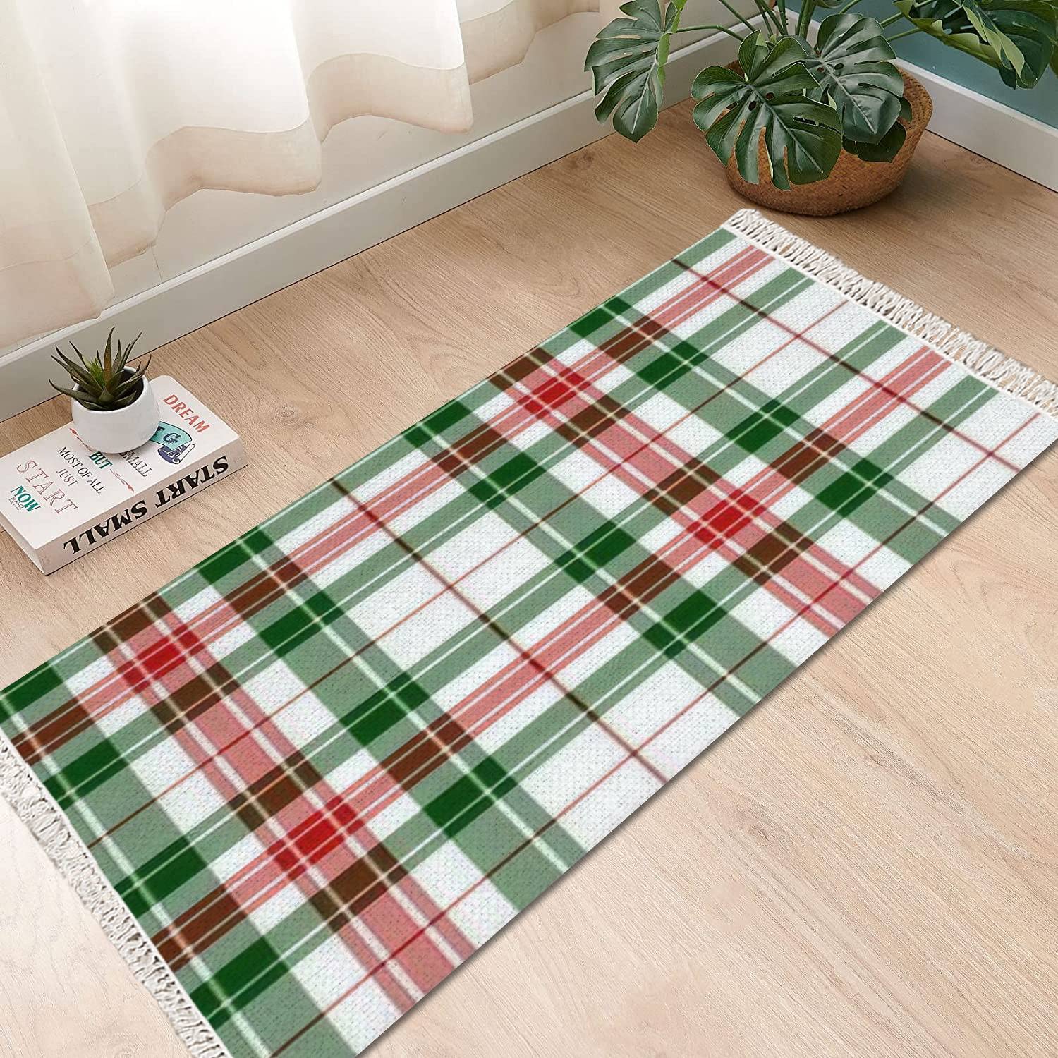 DGAIER Boho Area Rug Red White and Green Tartan Plaid Scottish Seamless Christmas and Play Mat Runner Carpet Minimalist Room Decor Indoor Outdoor Woven Rug Entryway Laundry Room Bedroom Rug 3x5'