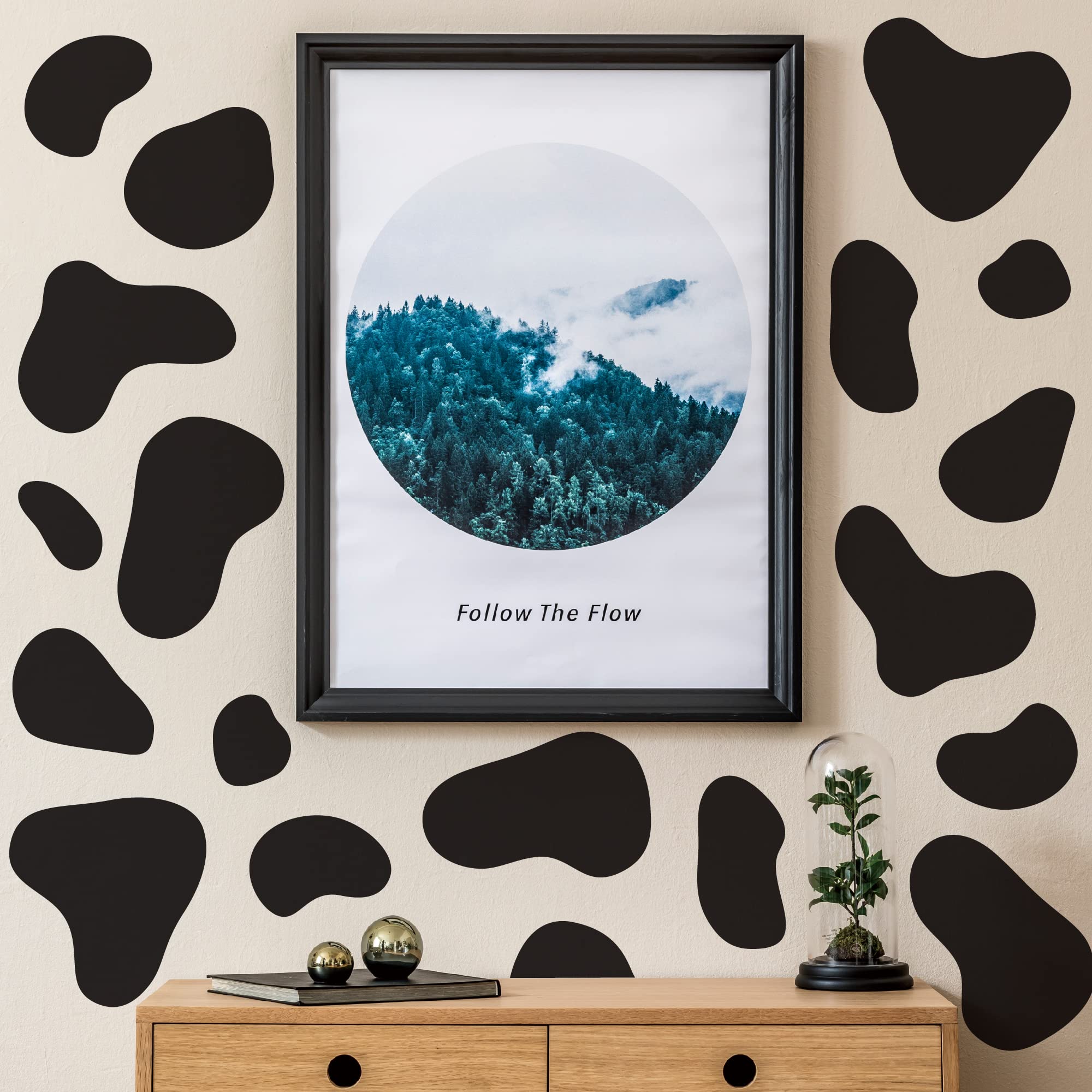 SHYJSHYJ Large Black Vinyl Cow Print Wall Decals, Peel and Stick Modern Cow Spot Wall Stickers for Bathroom Bedroom Living Room Home Wall Decor