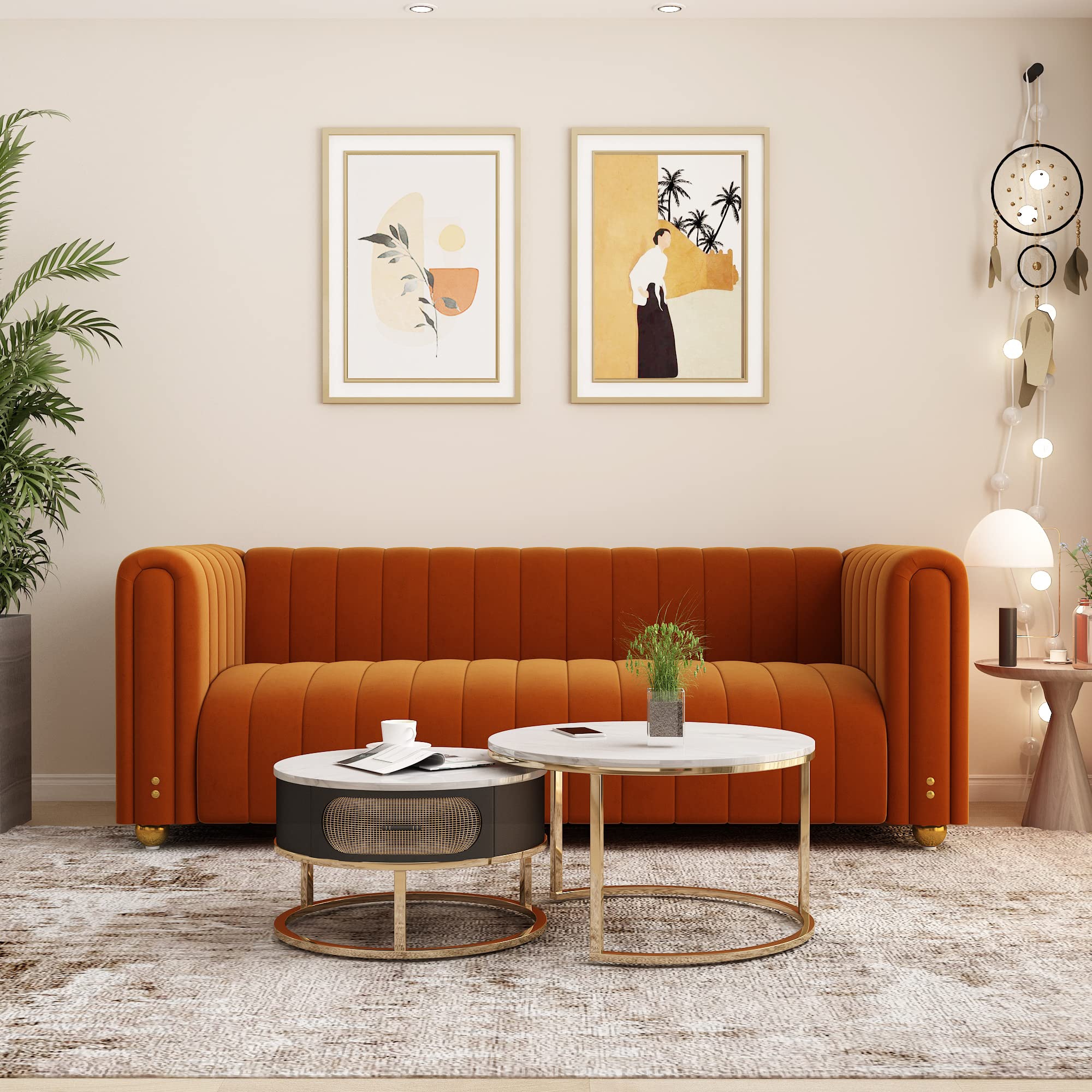 Velvet Couch Sofa Loveseat, 81.3 Wide Mid Century Modern Couch Small Spaces Love Seat Tufted Chesterfield Velvet Sofa Futon with Gold Leg, Comfy 3 Seat Deep Sofas Couches for Living Room (Orange)