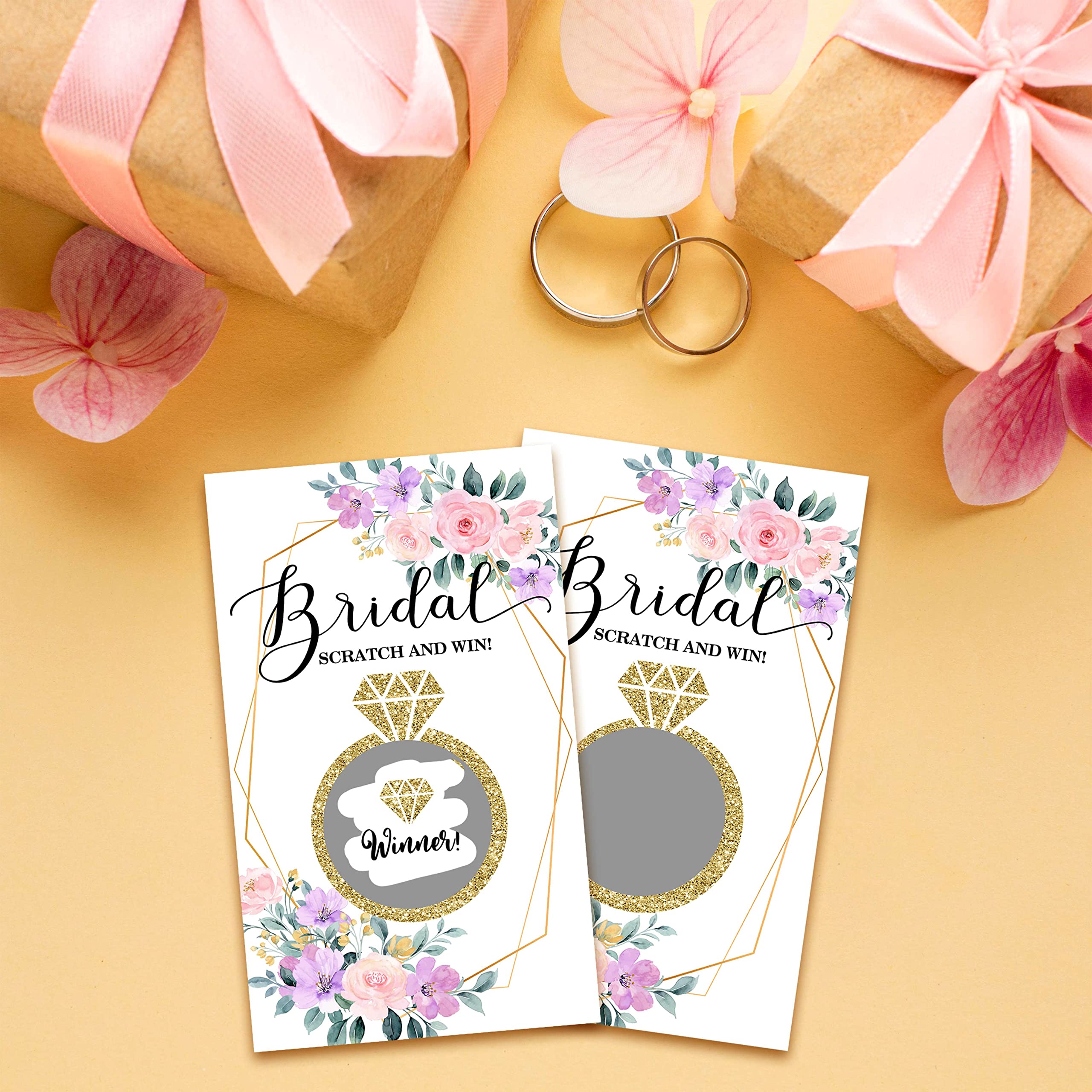 Bridal Shower Scratch Off Game Cards, Boho Floral Bridal Lottery Tickets, Gold Foil Wedding Shower Games Ideas, Bachelorette Party Activities & Decorations (50 Pack)-03