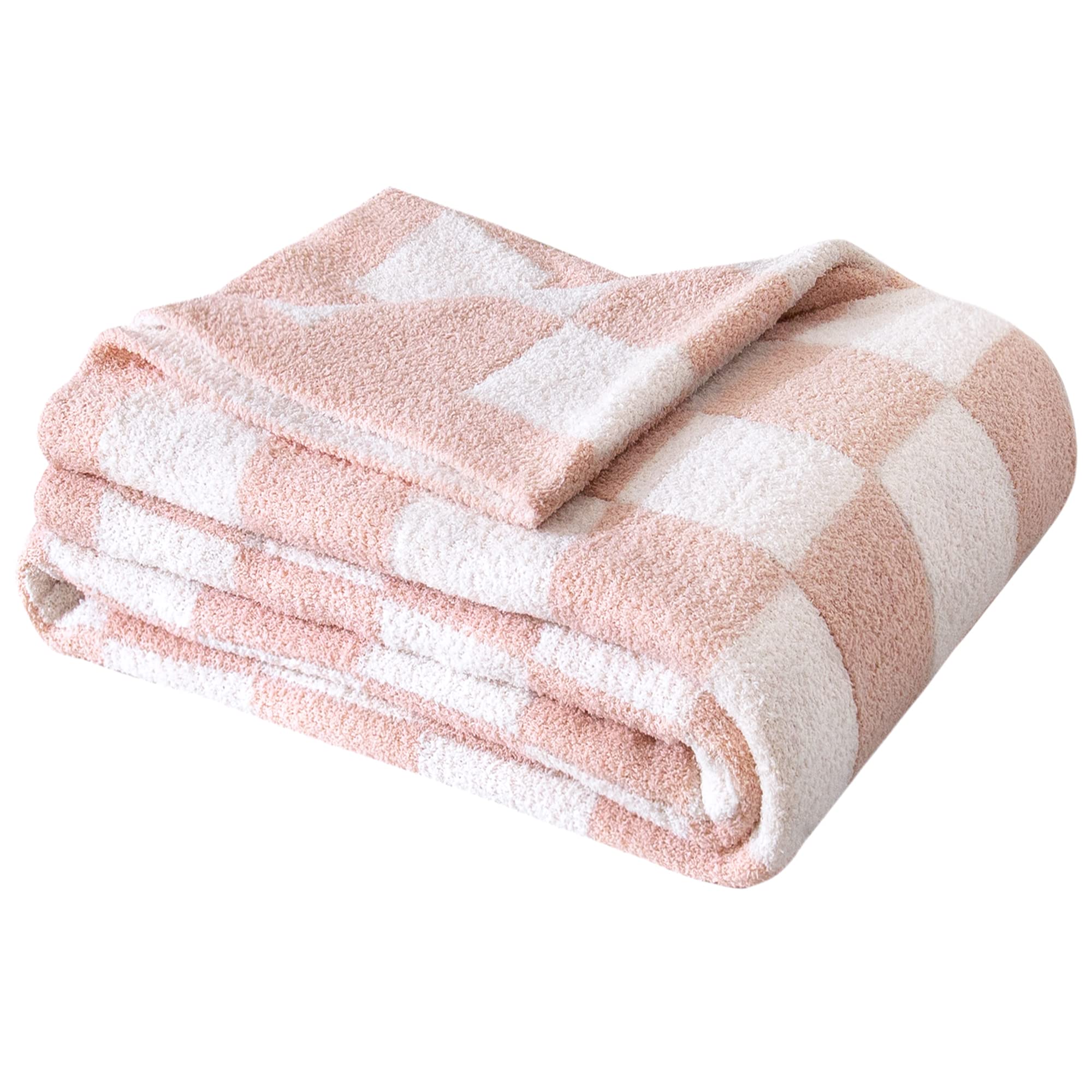 SeaRoomy Checkered Throw Blanket, Soft Fluffy Fuzzy Blanket Reversible Checkerboard Pink Throw Blankets Warm Cozy Plush Knit Throw Blanket for Couch Bed Decor(Light Pink, 60"×79")