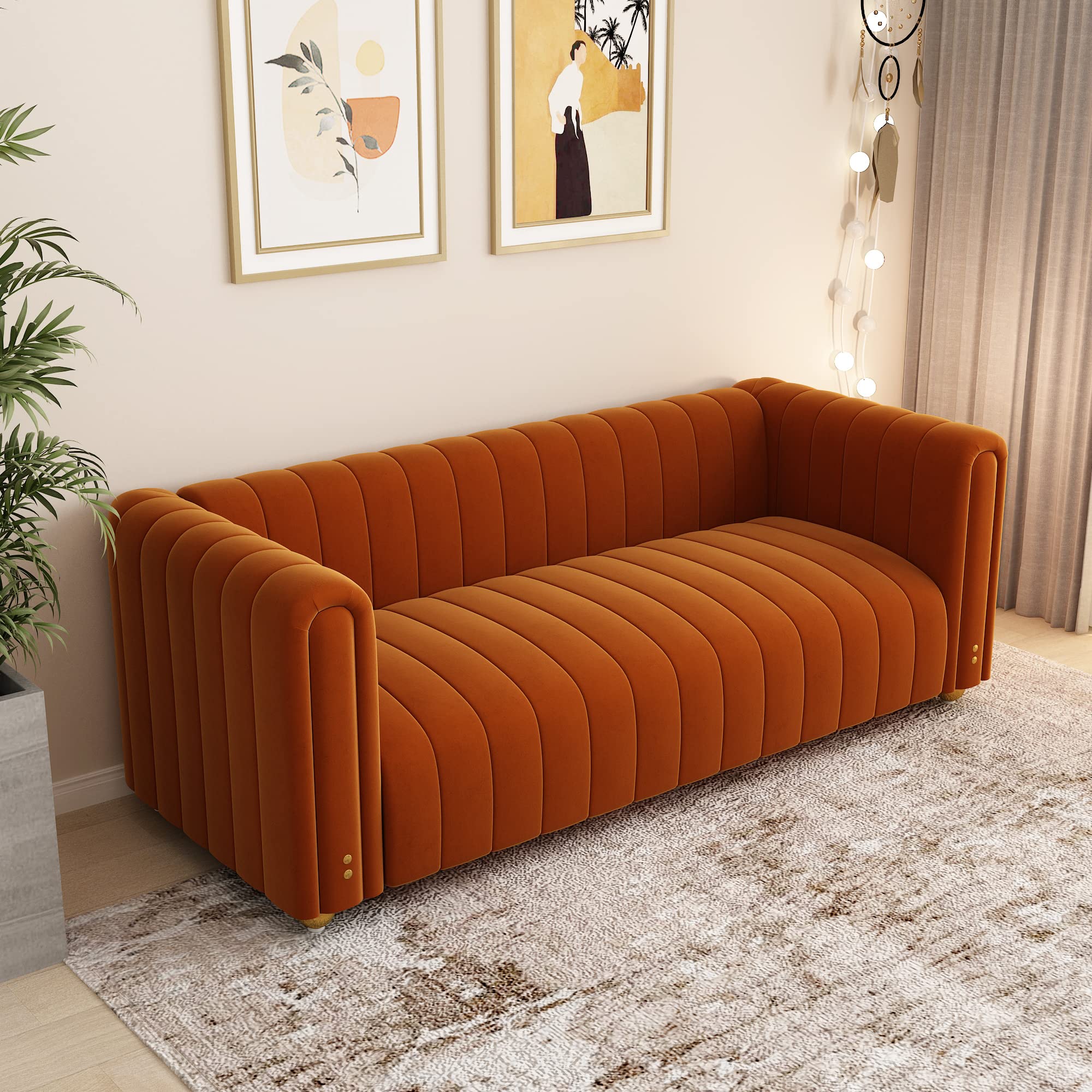 Velvet Couch Sofa Loveseat, 81.3 Wide Mid Century Modern Couch Small Spaces Love Seat Tufted Chesterfield Velvet Sofa Futon with Gold Leg, Comfy 3 Seat Deep Sofas Couches for Living Room (Orange)