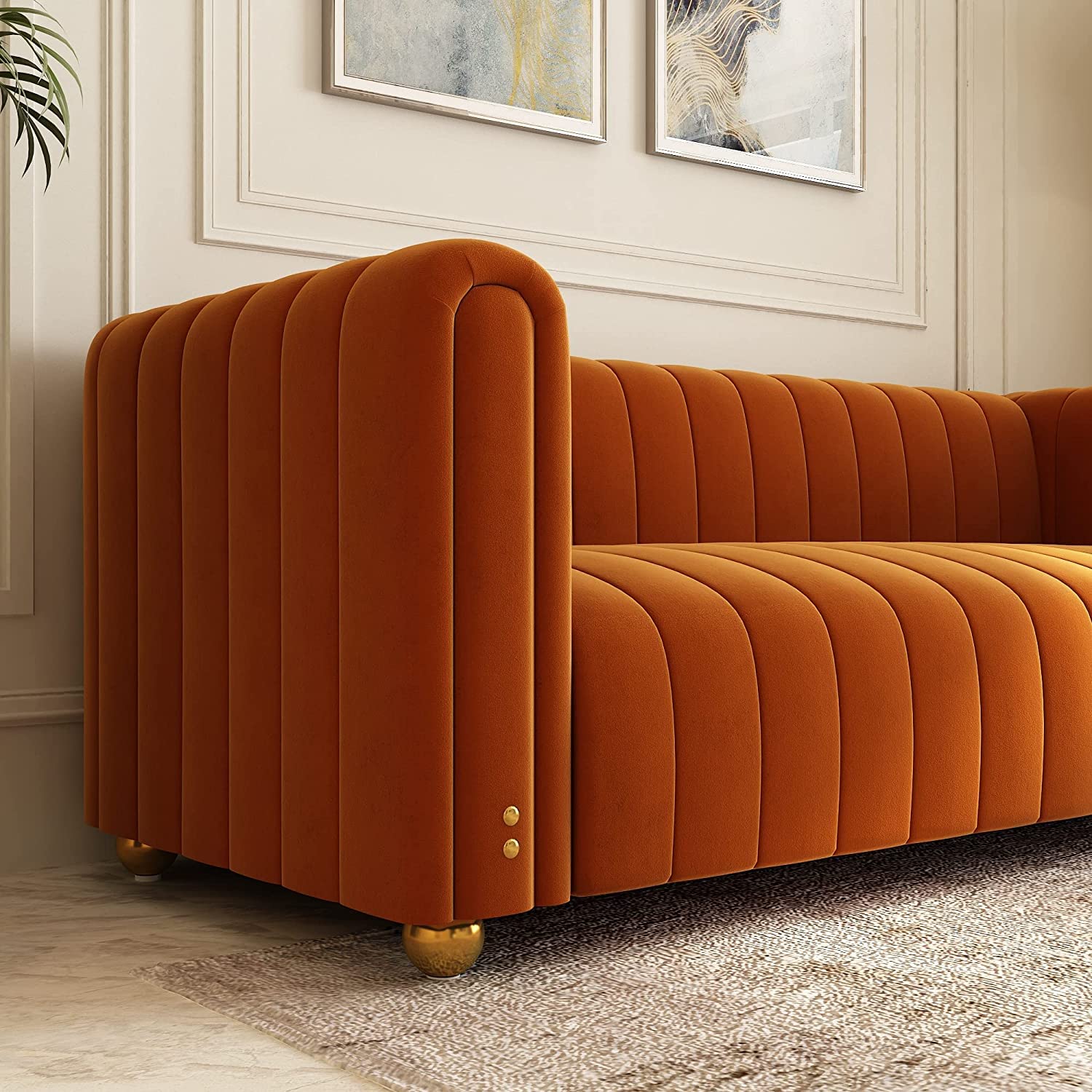 Velvet Couch Sofa Loveseat, 81.3 Wide Mid Century Modern Couch Small Spaces Love Seat Tufted Chesterfield Velvet Sofa Futon with Gold Leg, Comfy 3 Seat Deep Sofas Couches for Living Room (Orange)