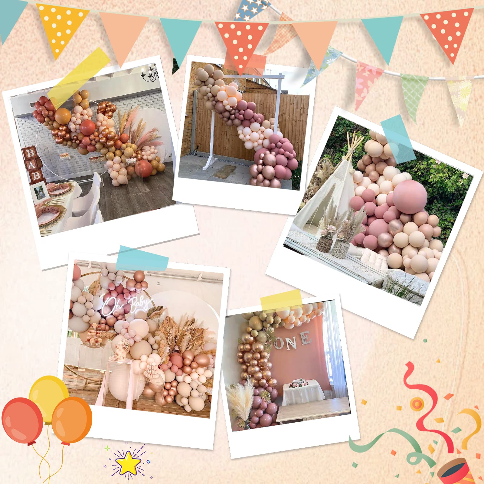 Boho Balloon Arch Kit 156pcs Dusty Rose Balloon Garland Double Stuffed Dusty Pink Nude Brown Cream Peach Chrome Rose Gold Balloon Garland Kit for Baby Shower Bridal Wedding Birthday Party Decorations