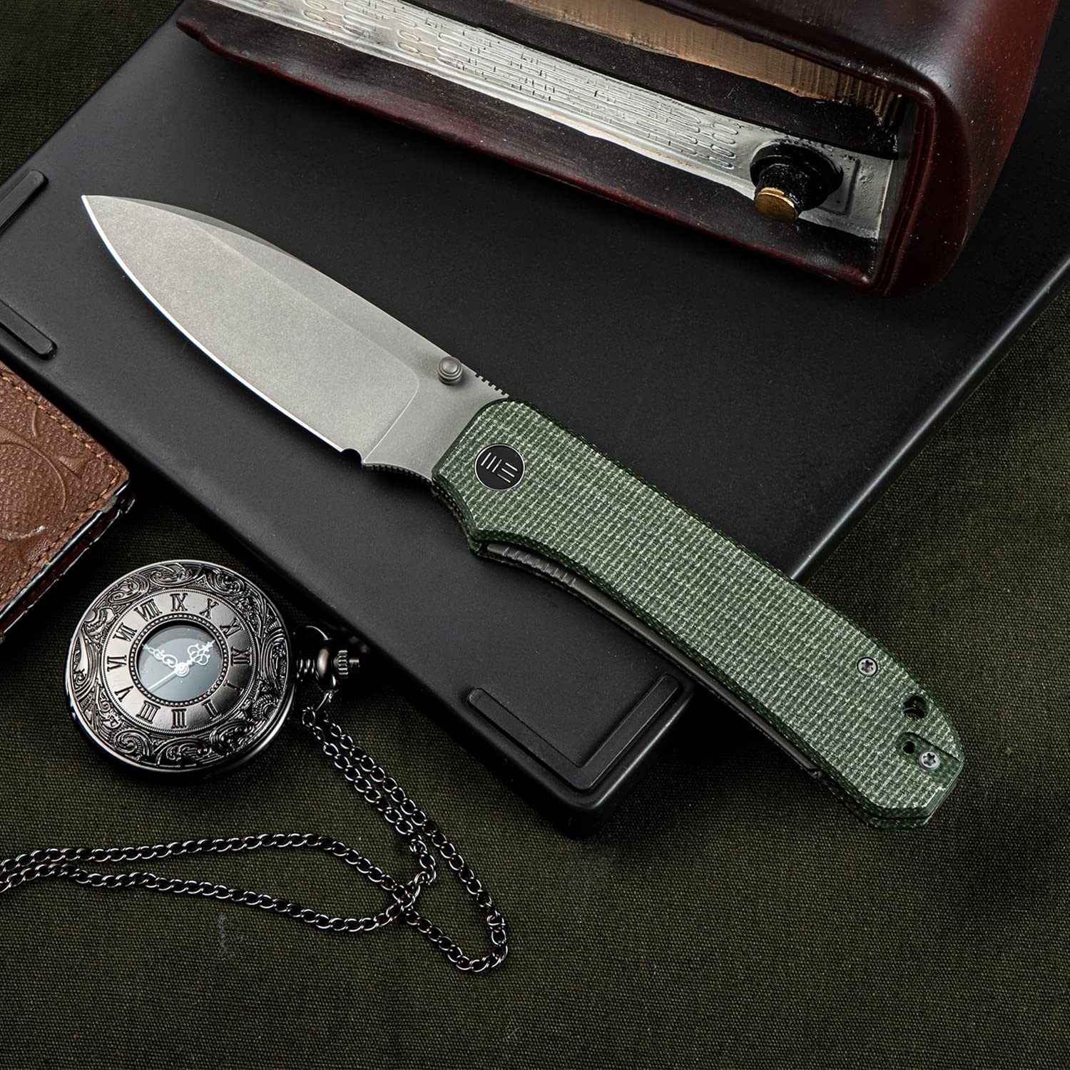 WeKnife Big Banter Pocket Knife for EDC, Ben Petersen Folding Knife with 3.69”CPM 20CV Blade Canvas Micarta Handle, Titanium Thumb Stud Opener WE21045-2 (Green)