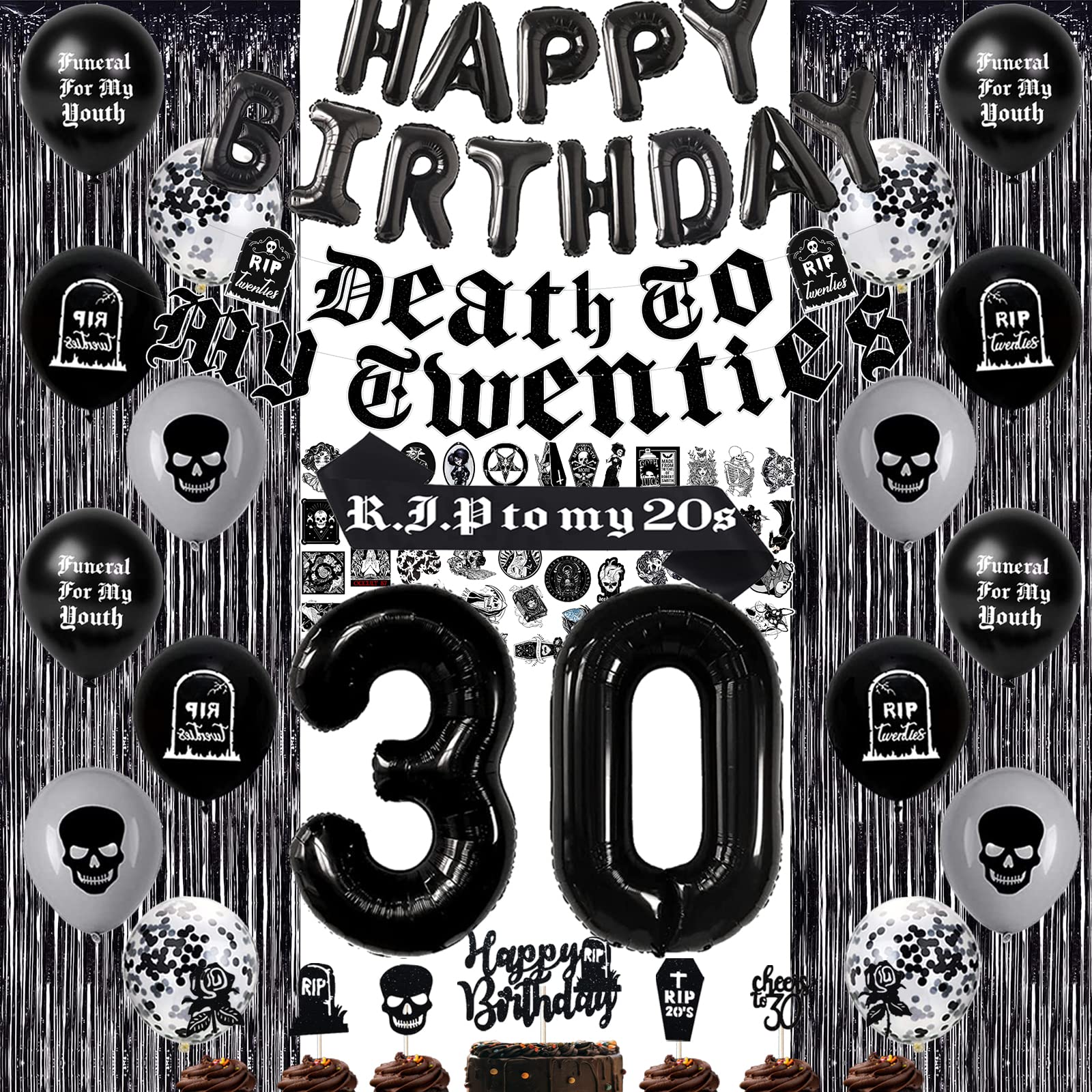 Black 30th Birthday Decorations for Women or Men, Death to My 20s Decorations, Death to My Twenties Banner Number 30 Balloons Rip to My 20s Sash Cake Toppers for Rip 20s Birthday Decorations