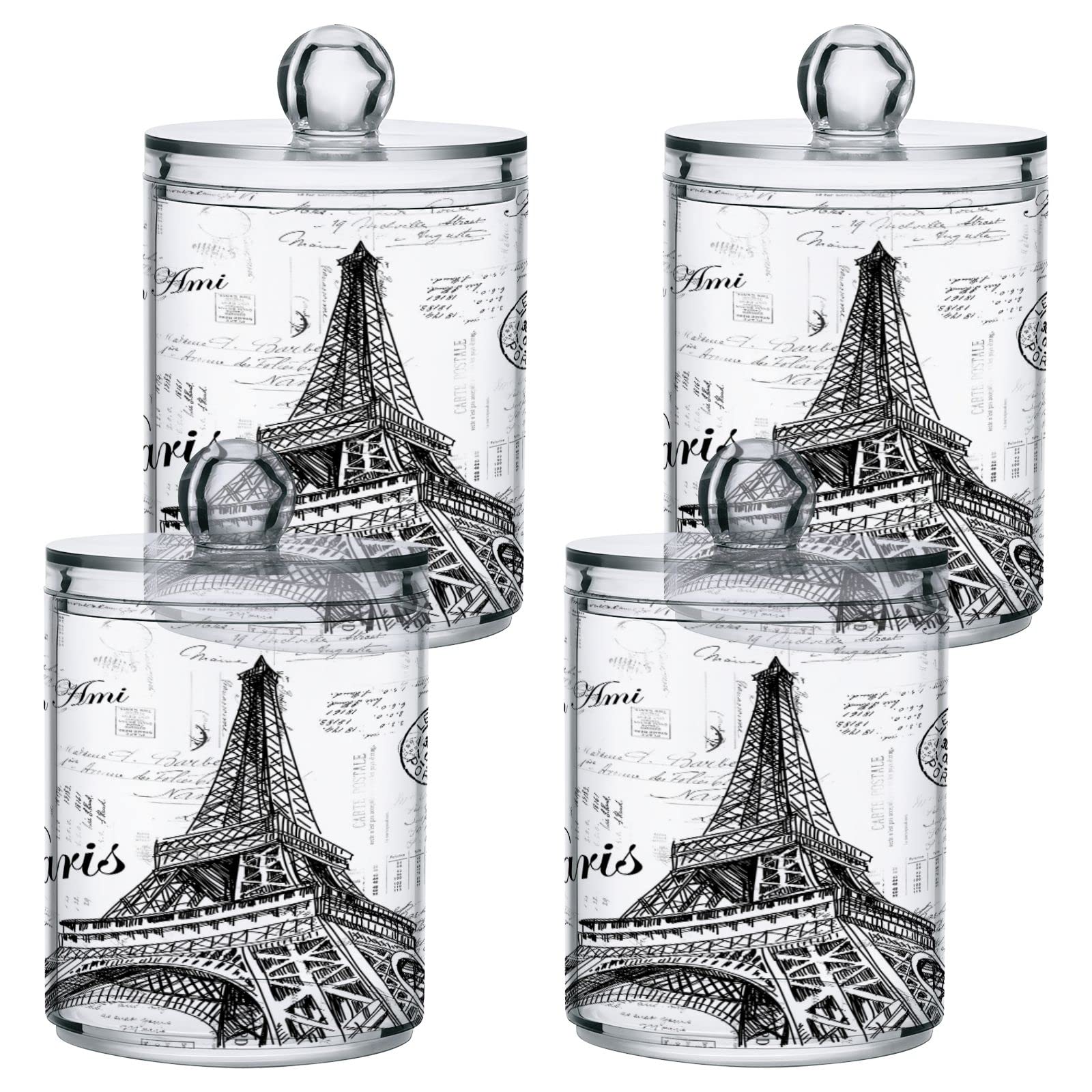 WELLDAY Apothecary Jars Bathroom Storage Organizer with Lid - 14 oz Qtip Holder Storage Canister, Paris Eiffel Tower Clear Plastic Jar for Cotton Swab, Cotton Ball, Floss Picks