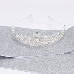 Crystal Crown and Silver Sash Kit, Bridal Shower Decorations Bachelorette Party Favors, Wedding Tiara and Glitter Sash for Bride