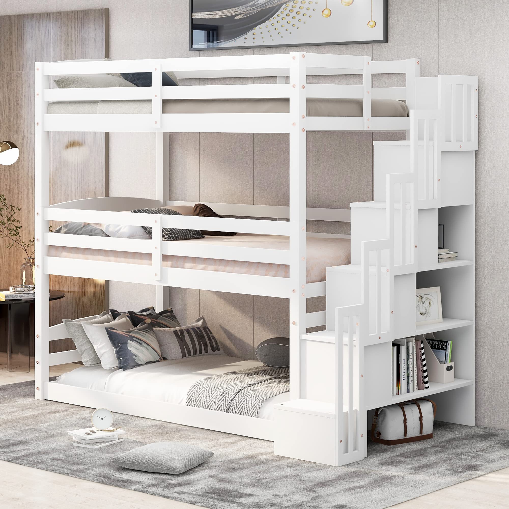 Harper & Bright Designs Wood Triple Bunk Bed with Storage Staircase, Wooden Floor Bunk Beds 3 Beds in 1 for Kids, Detachable Triple Bed Can Convertible into Twin Bunk Beds & Loft Bed, White