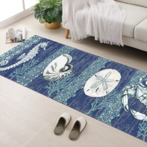 GUBIYU Rustic Coastal Runner Rug Ocean Beach Mat Area Rug Navy Blue Non-Slip Doormat Carpet Printing Rug for Living Room, Bedroom, Kitchen, Bathroom Kitchen Rugs Washable 23.6"x59"