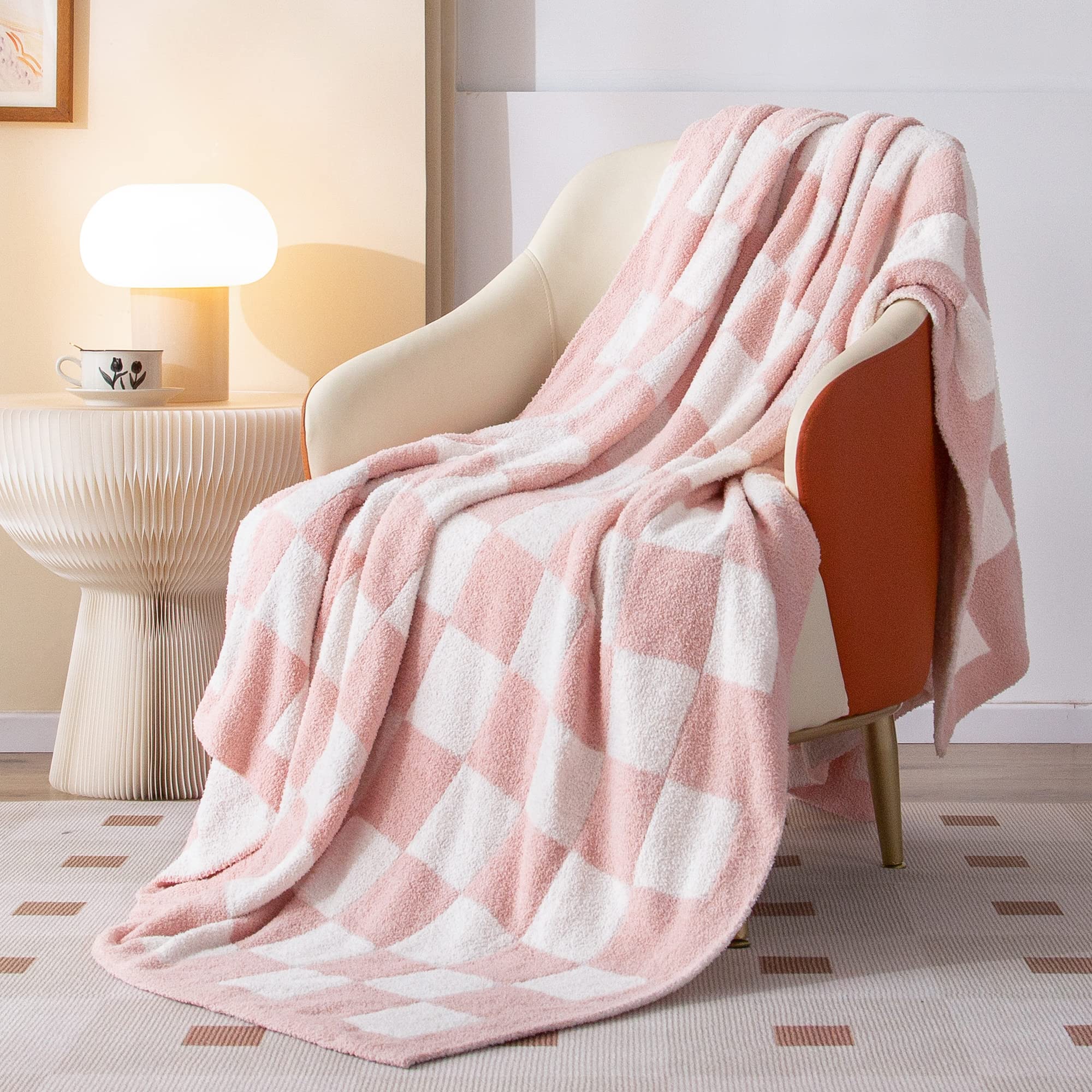 SeaRoomy Checkered Throw Blanket, Soft Fluffy Fuzzy Blanket Reversible Checkerboard Pink Throw Blankets Warm Cozy Plush Knit Throw Blanket for Couch Bed Decor(Light Pink, 60"×79")