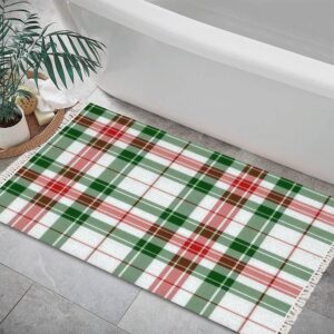 DGAIER Boho Area Rug Red White and Green Tartan Plaid Scottish Seamless Christmas and Play Mat Runner Carpet Minimalist Room Decor Indoor Outdoor Woven Rug Entryway Laundry Room Bedroom Rug 3x5'