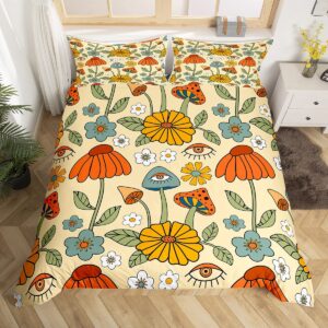 retro flowers duvet cover set king size,70s floral mushroom comforter cover with 2 pillowcases,art hippie plant eye print modern bedding set for adult young bedroom xmas gift