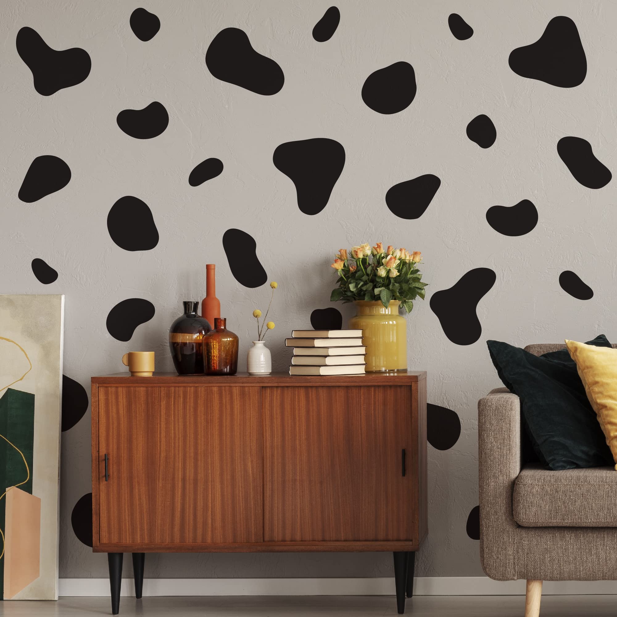 SHYJSHYJ Large Black Vinyl Cow Print Wall Decals, Peel and Stick Modern Cow Spot Wall Stickers for Bathroom Bedroom Living Room Home Wall Decor