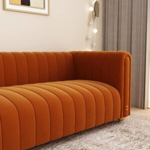 Velvet Couch Sofa Loveseat, 81.3 Wide Mid Century Modern Couch Small Spaces Love Seat Tufted Chesterfield Velvet Sofa Futon with Gold Leg, Comfy 3 Seat Deep Sofas Couches for Living Room (Orange)