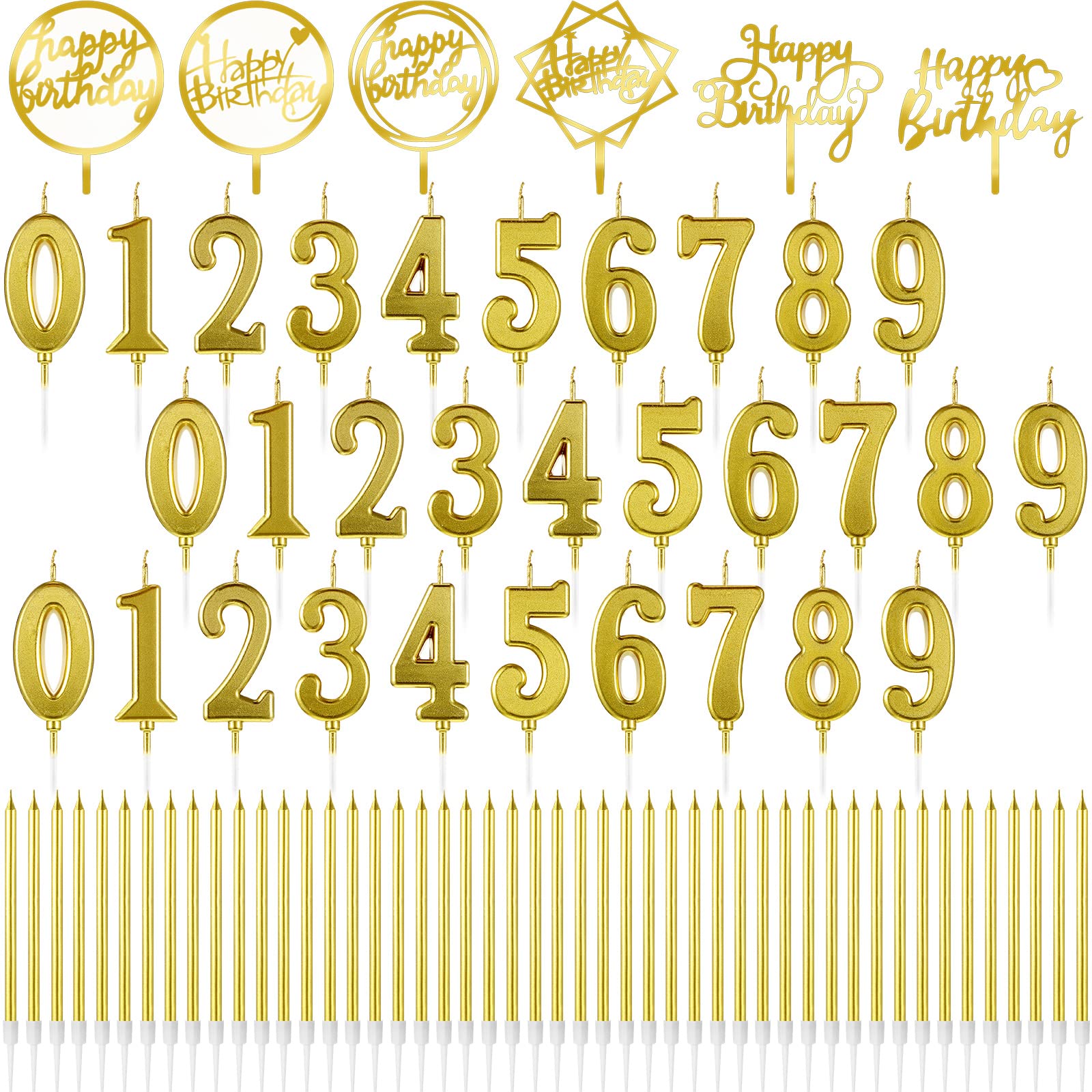 Shihanee 84 Pcs Birthday Candles Set, 30 Birthday Numeral Candles 0-9 Cake Candles, 48 Birthday Party Long Thin Cake Candles Metallic, 6 Happy Birthday Cake Toppers for Wedding Christmas(Gold)