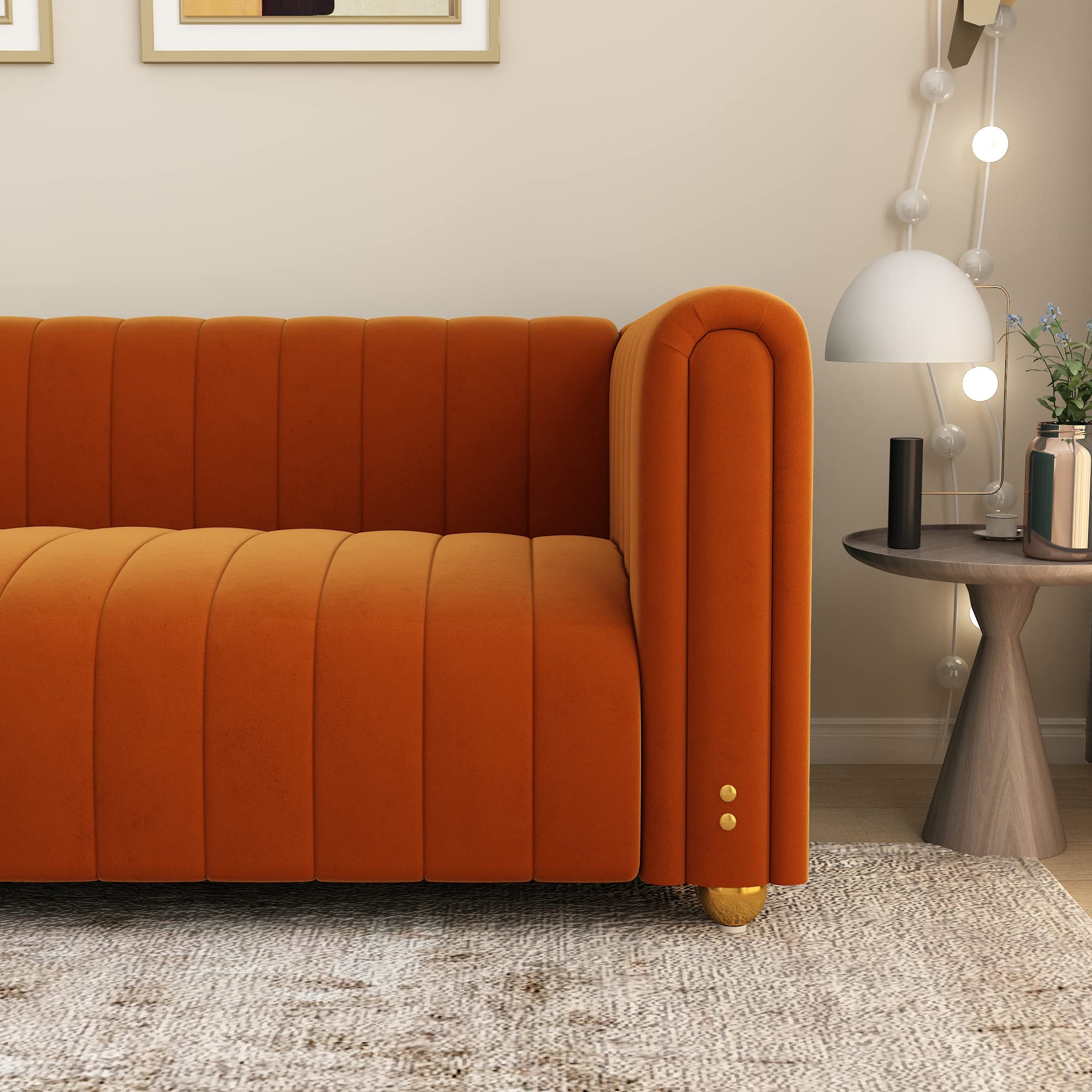 Velvet Couch Sofa Loveseat, 81.3 Wide Mid Century Modern Couch Small Spaces Love Seat Tufted Chesterfield Velvet Sofa Futon with Gold Leg, Comfy 3 Seat Deep Sofas Couches for Living Room (Orange)