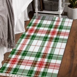 DGAIER Boho Area Rug Red White and Green Tartan Plaid Scottish Seamless Christmas and Play Mat Runner Carpet Minimalist Room Decor Indoor Outdoor Woven Rug Entryway Laundry Room Bedroom Rug 3x5'